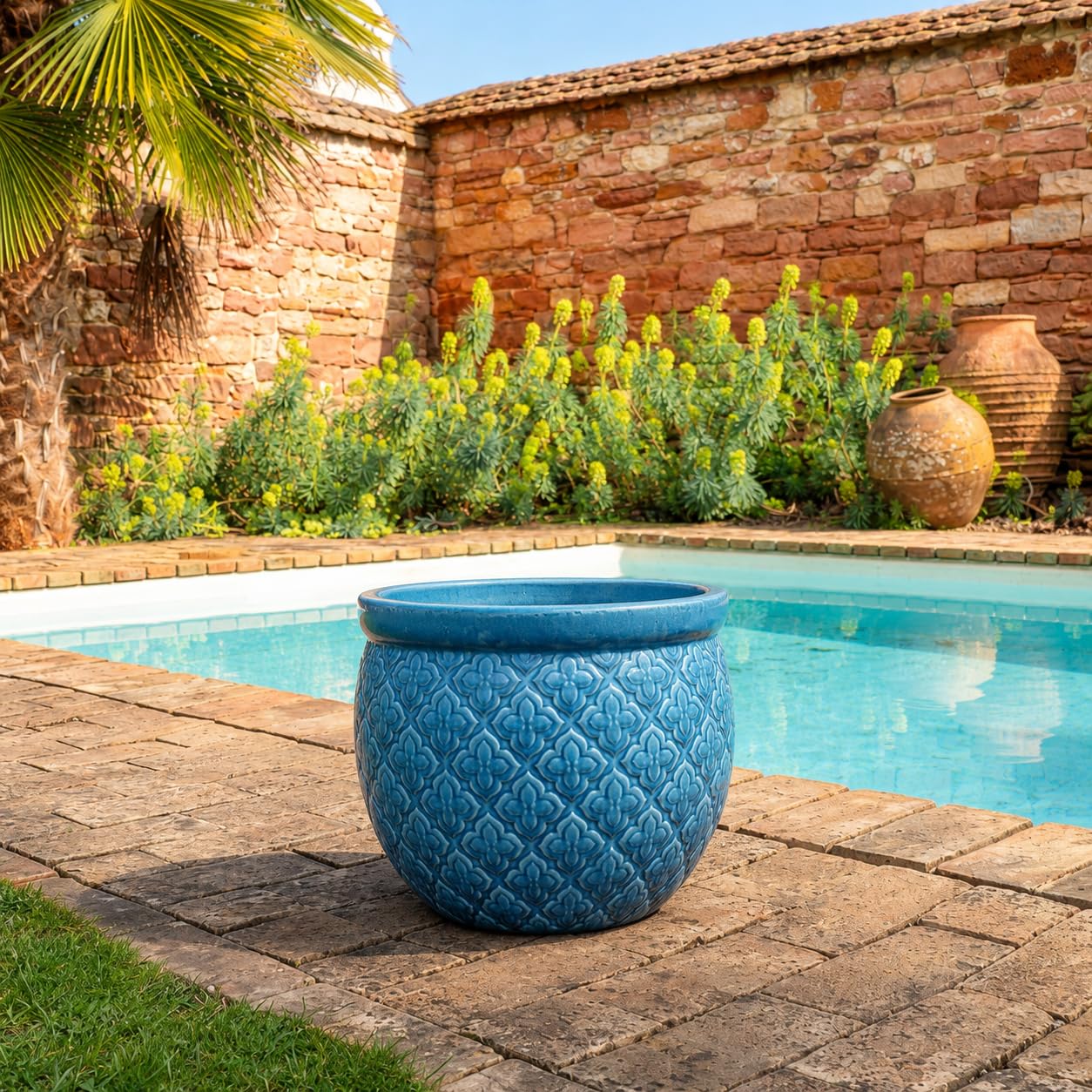 Palatina Werkstatt Azur Occitanie - Vaso per piante in ceramica smaltata, grande, turchese/blu, realizzato a mano, smaltato con foro di drenaggio, vaso resistente al gelo, per terrazza, giardino e