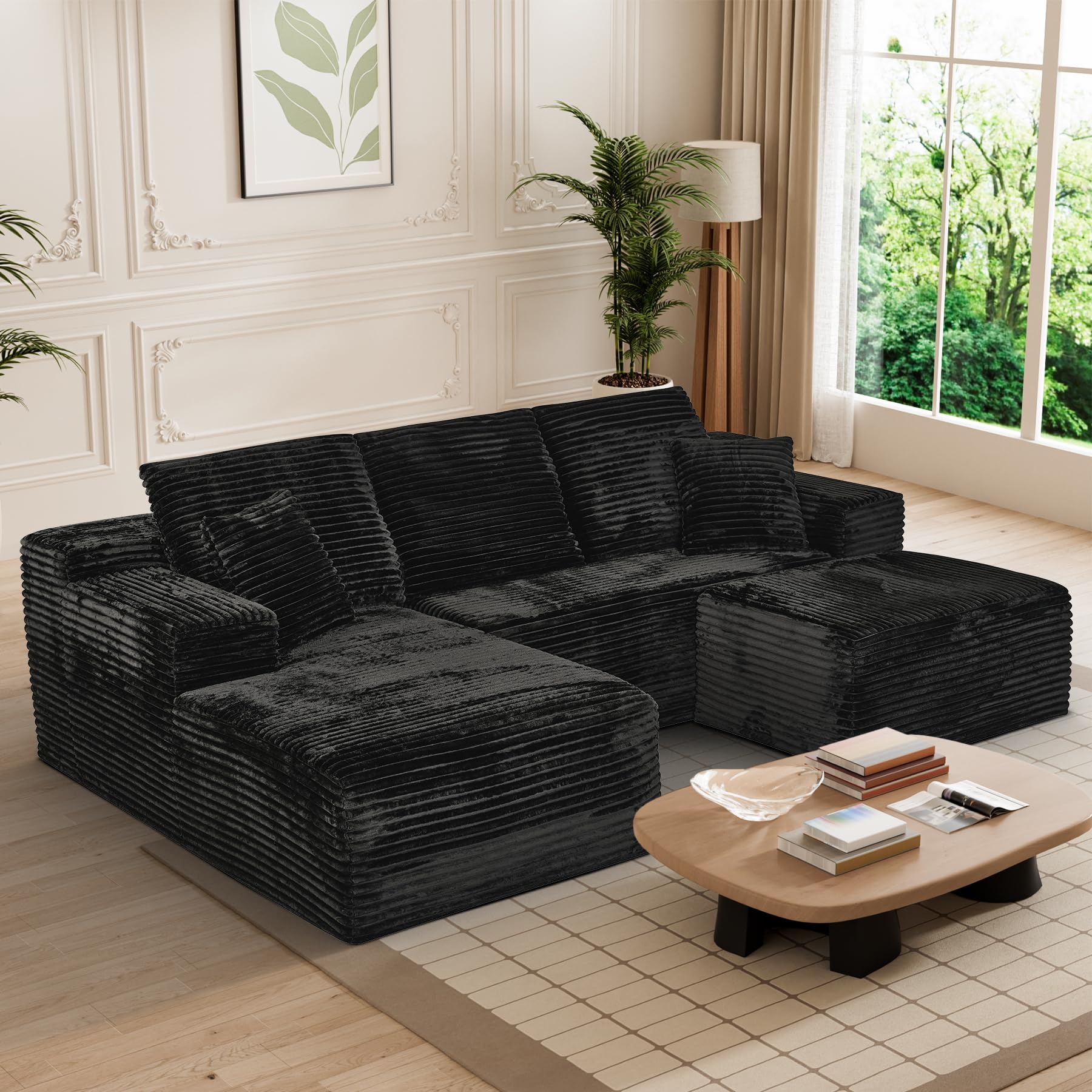 Modular Sectional Sofa Cloud Sectional Couch, 107" Comfy Fluffy U Shaped Black Couches for Living Room, Deep Seat Memory Foam Plush Corduroy Boneless Couch Sectionals with Left Facing Chaise Sofa