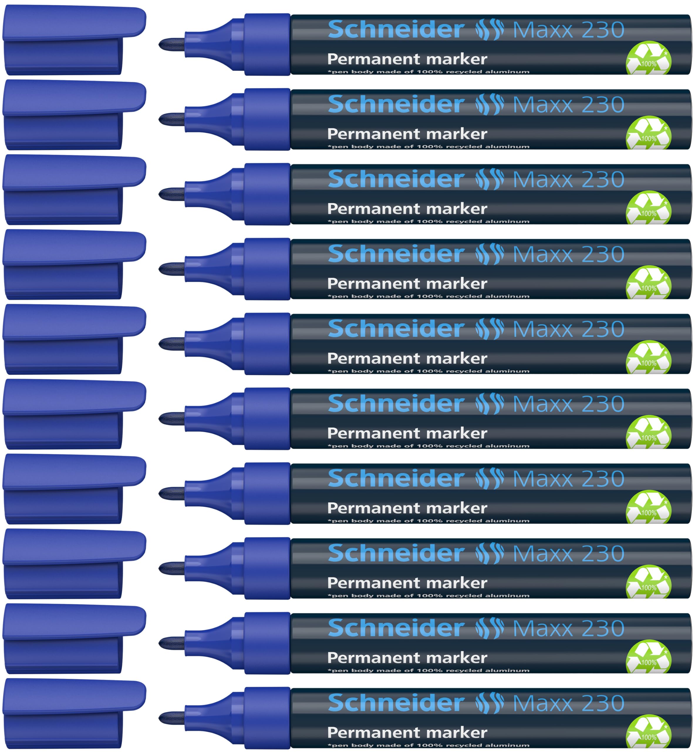 Schneider Maxx 230 Permanent Marker Pens 1 to 3 mm Refillable Aluminium Barrel Pack of 10 Blue