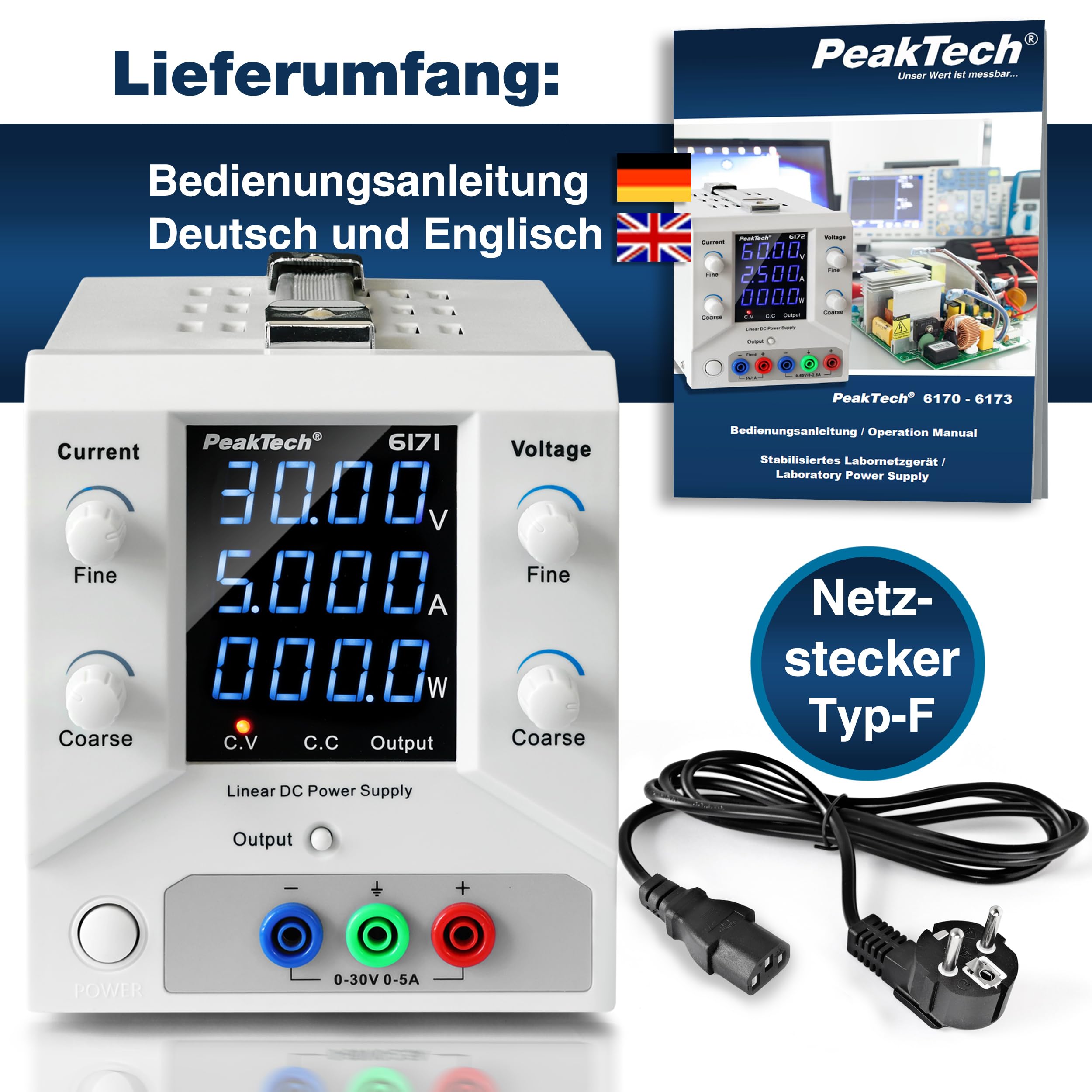 PeakTech 6171 - Alimentatore da laboratorio 0-30 V/0-5 A DC SELV lineare con trasformatore di separazione, alimentatore di rete da laboratorio