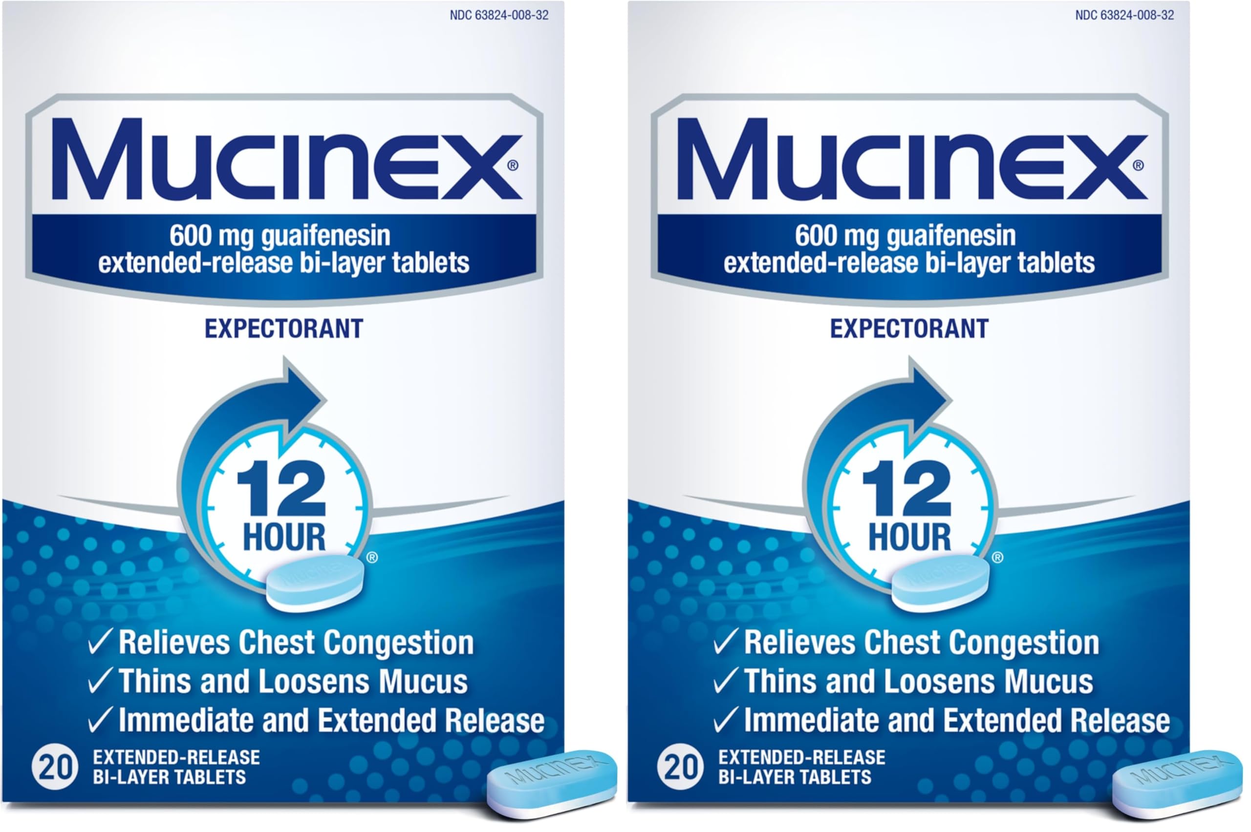 Mucinex Chest Congestion, Expectorant 12 Hour Extended Release Tablets, 20ct, 600mg Guaifenesin with Extended Relief of Chest Congestion Caused by Excess Mucus. Thins and Loosens Mucus (Pack of 2)