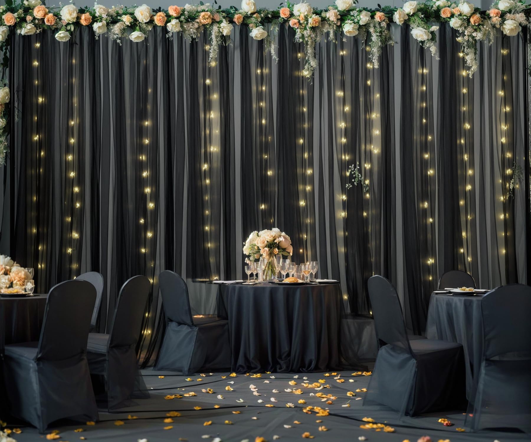 Czarne tiulowe tło fotograficzne ze sznurkiem świetlnym na imprezy, przezroczysta czarna zasłona na przyjęcie urodzinowe, baby shower, ślub, fotobudka, dekoracje tła fotograficznego, 6 m x 3 m