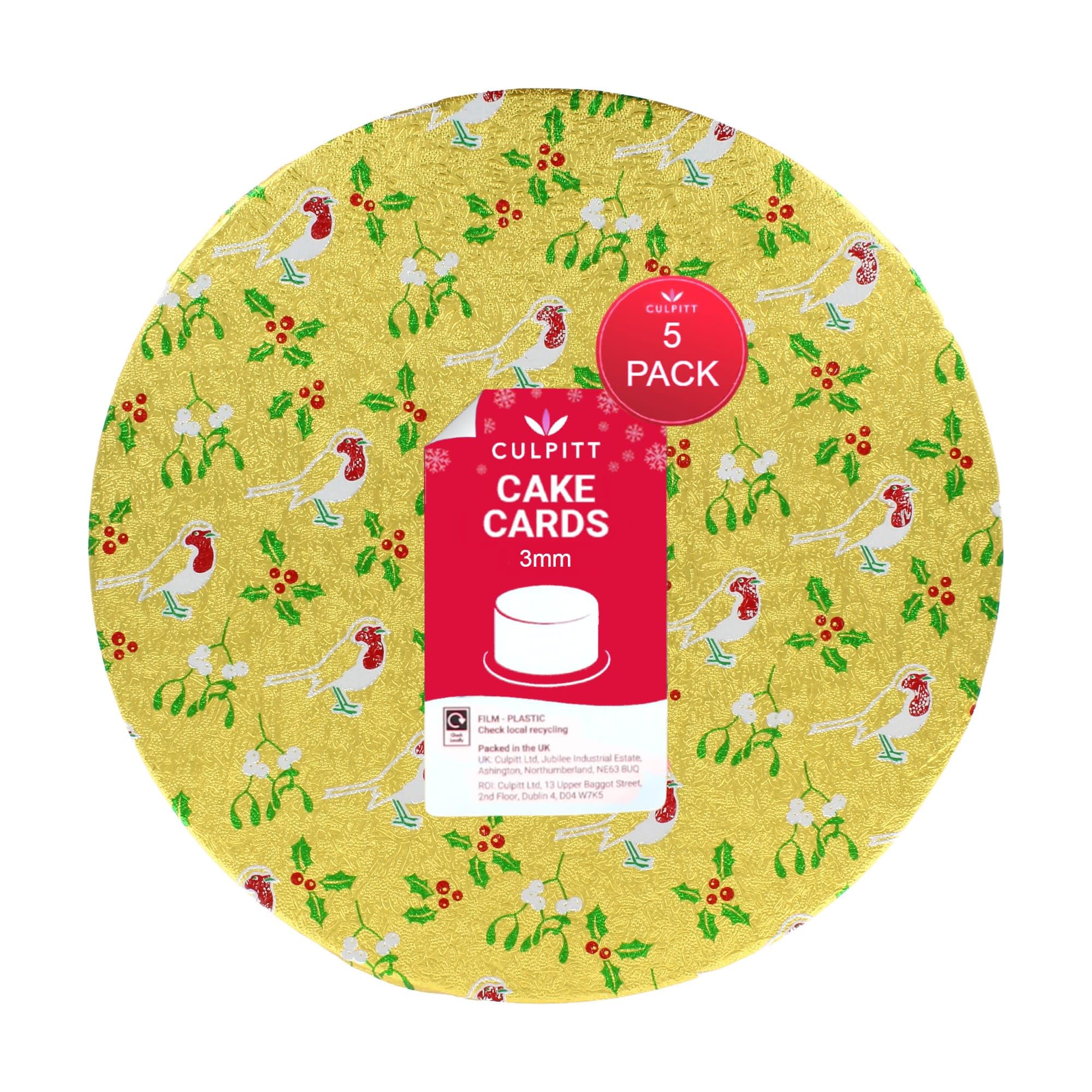 Culpitt Christmas Cake Boards | 10" Gold Robin Cake Cards - 5 Pack