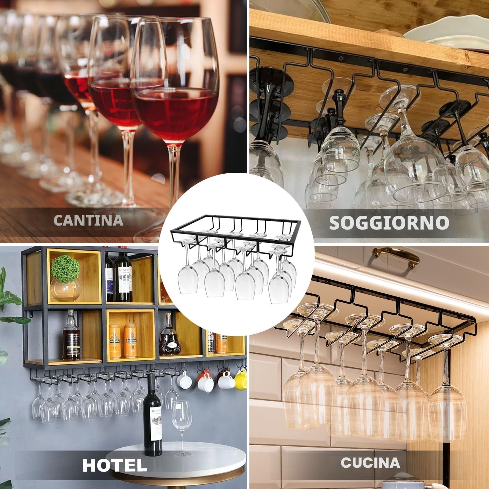 MXTIMWAN 4 Binari Porta Bicchiere da Vino Sospeso, 2 Pezzi Scolabicchieri Portabicchieri, Porta Calici Sotto Armadio, per Bar Ristorante Cucina