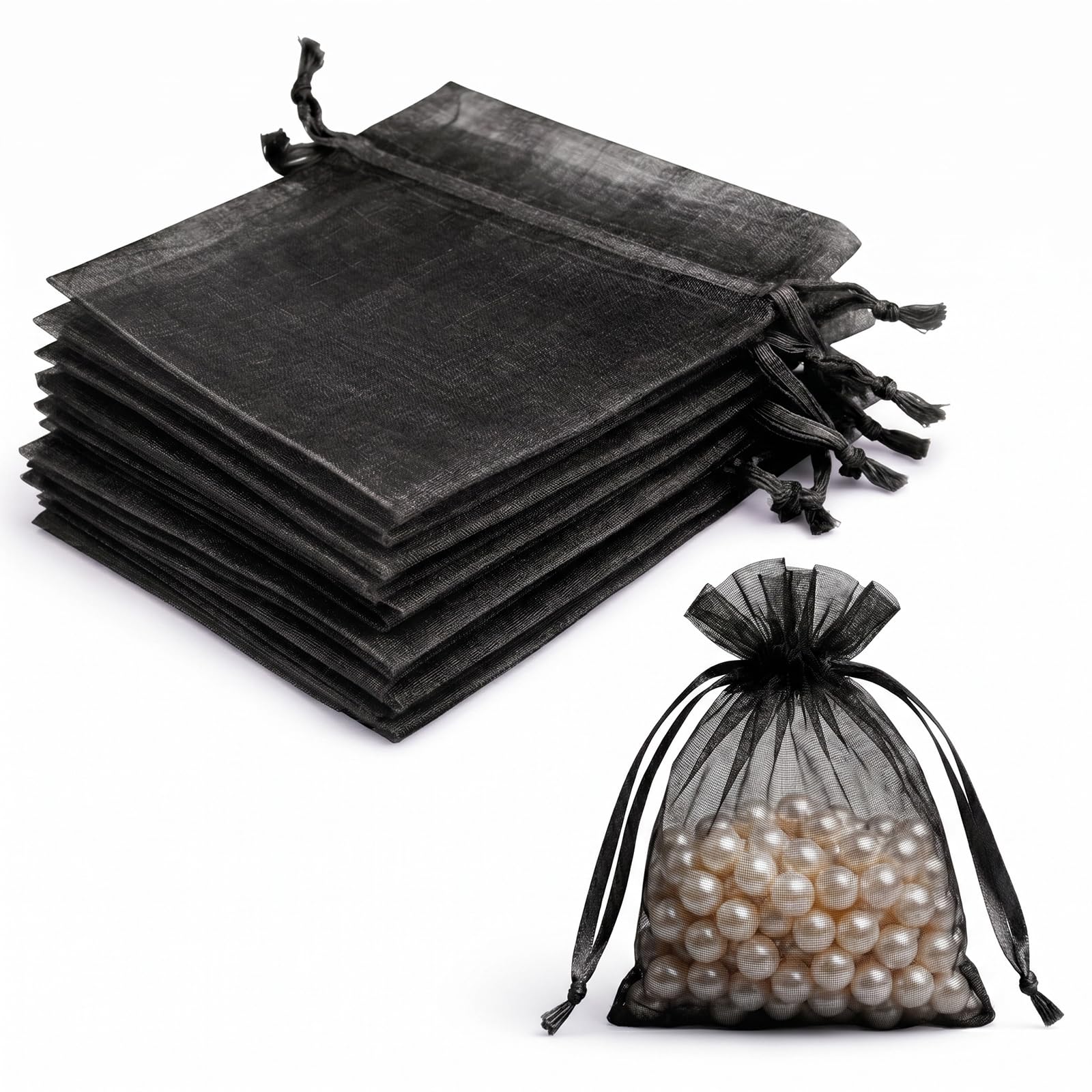 Lafefe 20Pcs Organza Gift Pouches, 10x15CM Clear Mesh Drawstring Pouches, Organza Gift Bags for Wedding Favours, Party, Festival, Candy and Game Favour Bags - Black