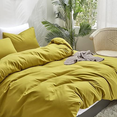 Miniatura 7 de Luxlovery Chartreuse Juego de edredón moderno en color verde musgo amarillento, juego de cama de 3 piezas, suave y transpirable, tamaño King