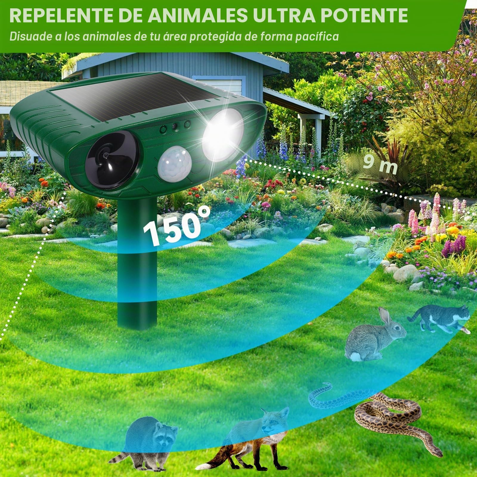 Ahuyentador de Gatos Exterior, Ultrasónico Repelente de Zorros Solar con Luz LED, 8m 120° IPX4 Impermeable Aullentador de Animales para Gatos Zorros Martas Mapaches Perros
