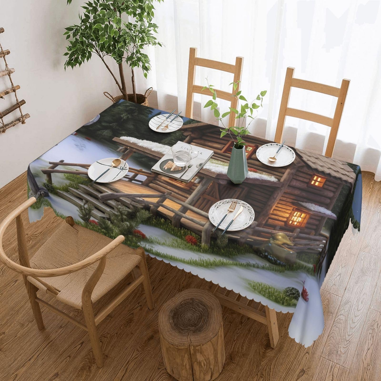 Nappe rectangulaire imperméable et lavable en machine avec imprimé bois rustique
