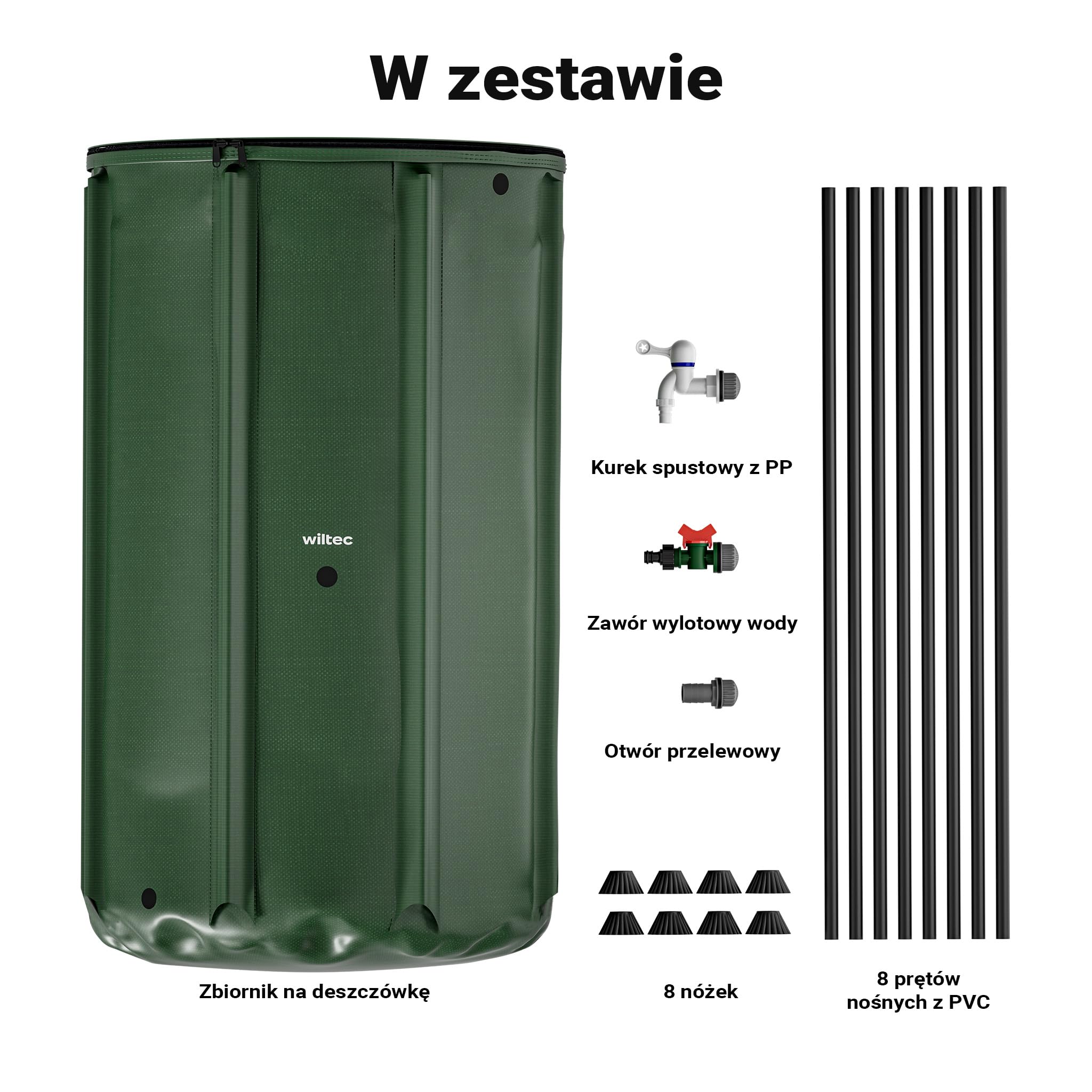 Wiltec Zbiornik na deszczówkę o pojemności 500 l, średnicy 80 cm i wysokości 98 cm, z pokrywką i kranem, beczka składana z tkaniny PVC 1000D na wodę