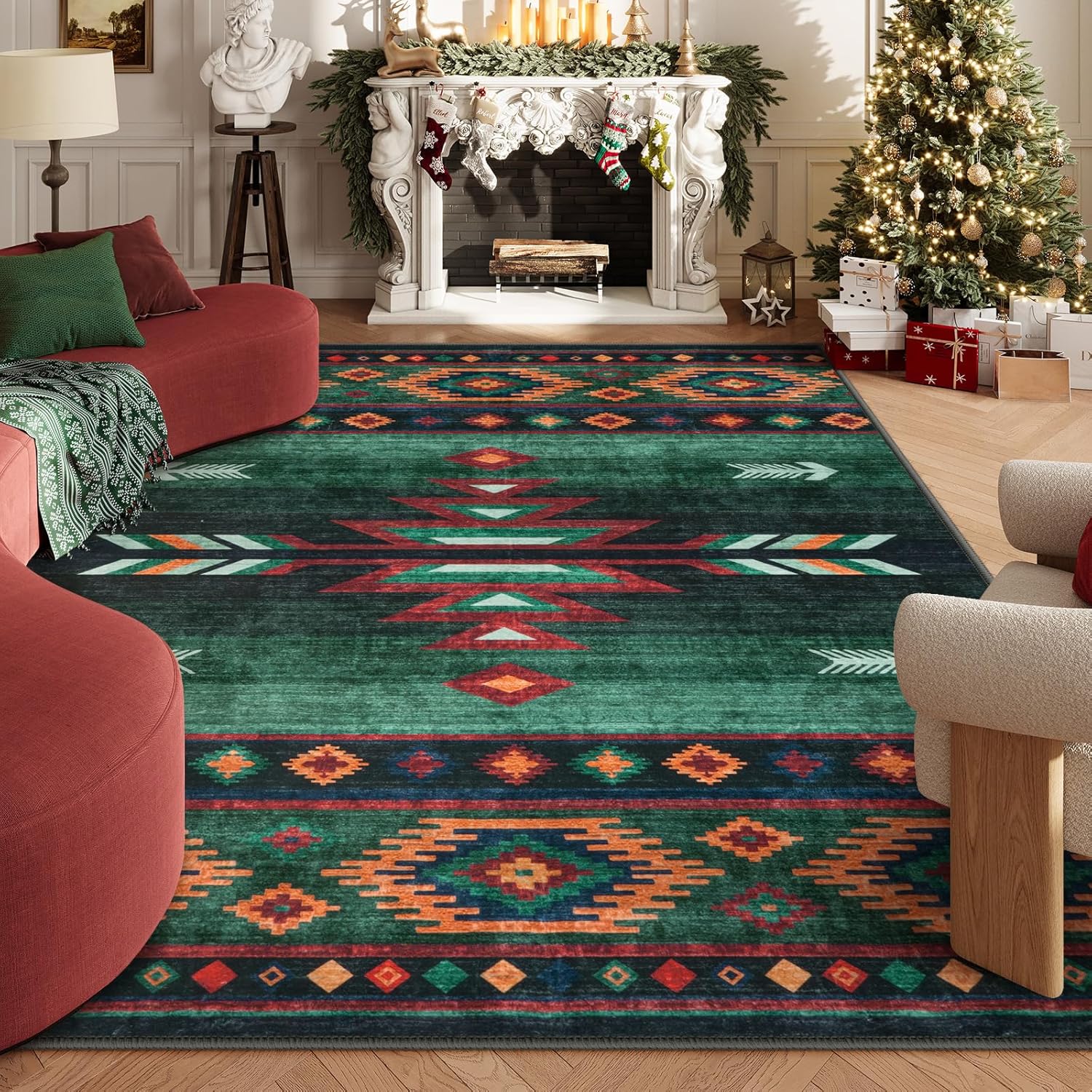 LIVEBOX Washable Western Emerald Green Rug for Living Room 8x10 - Soft Non-Slip Christmas Green Rugs for Bedroom, Thin Aztec Southwestern Tribal Rug for Dining Room, (8 x 10 ft, Green) 8 x 10 Green