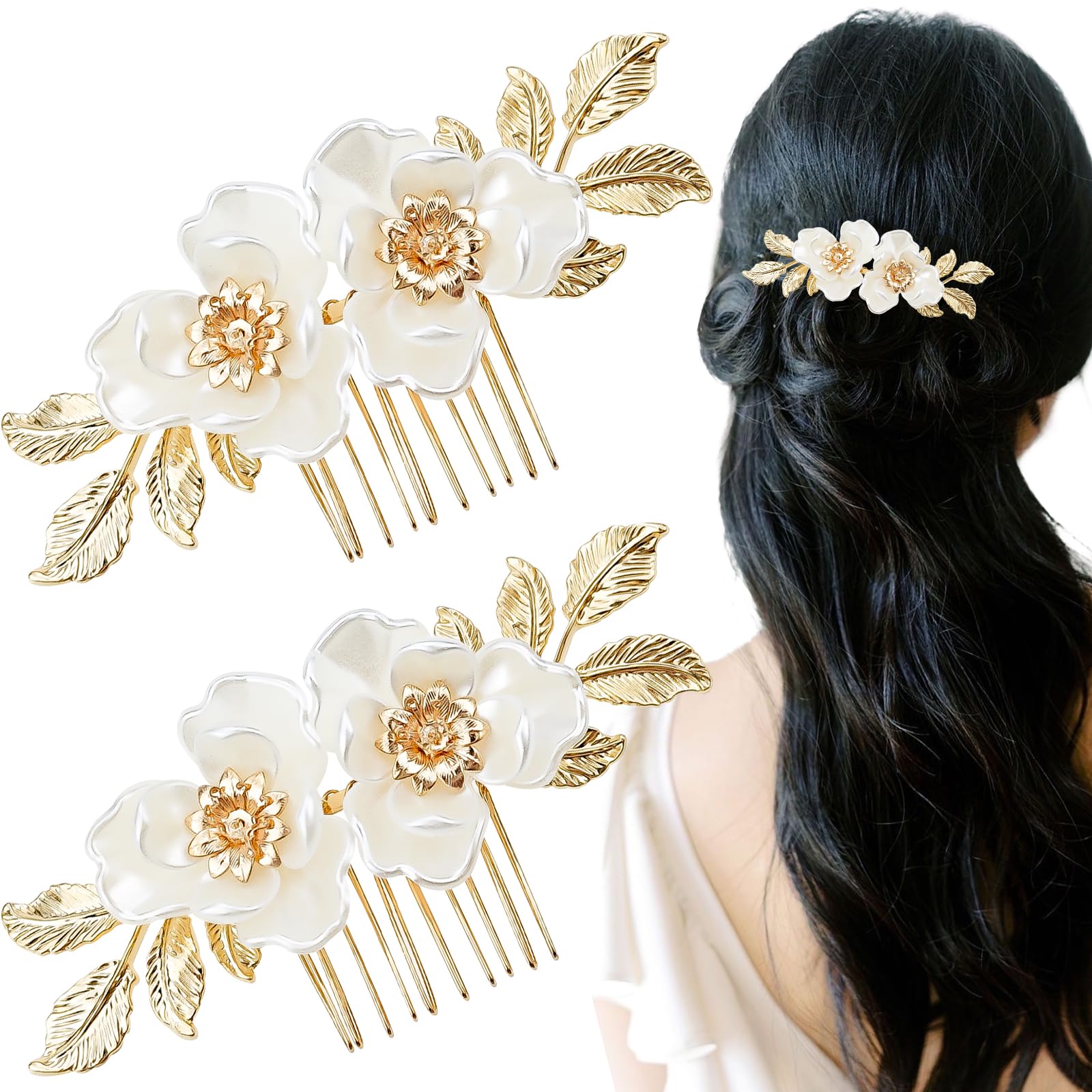 2 PACK Flower Wedding Hair Comb for Bride, Gold Leaf Wedding Hair Piece Floral Hair Accessories for Women and Girls