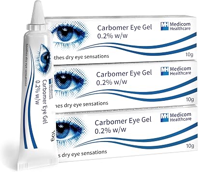 Carbomer 0.2% Eye Gel   Hydrating Nighttime for Dry Eyes, Lubricating Gel Drops for Tired, Soothing Relief from Itchy, Irritated, Sensitive - 10g Pack of 3 - Brand May Vary