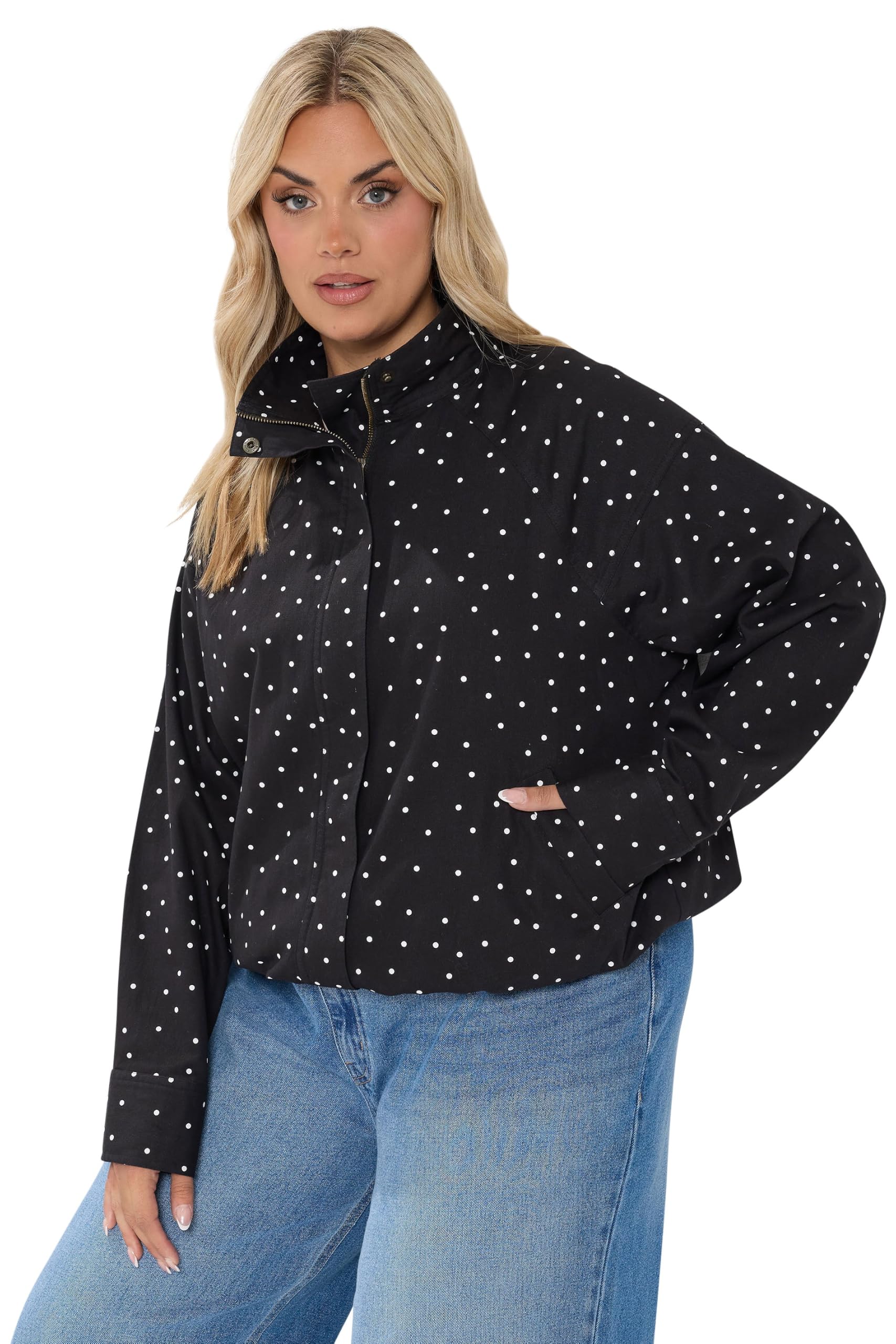 Yours Women's Black Curve Polka Dot Funnel Neck Bomber Jacket - Plus Size Curve