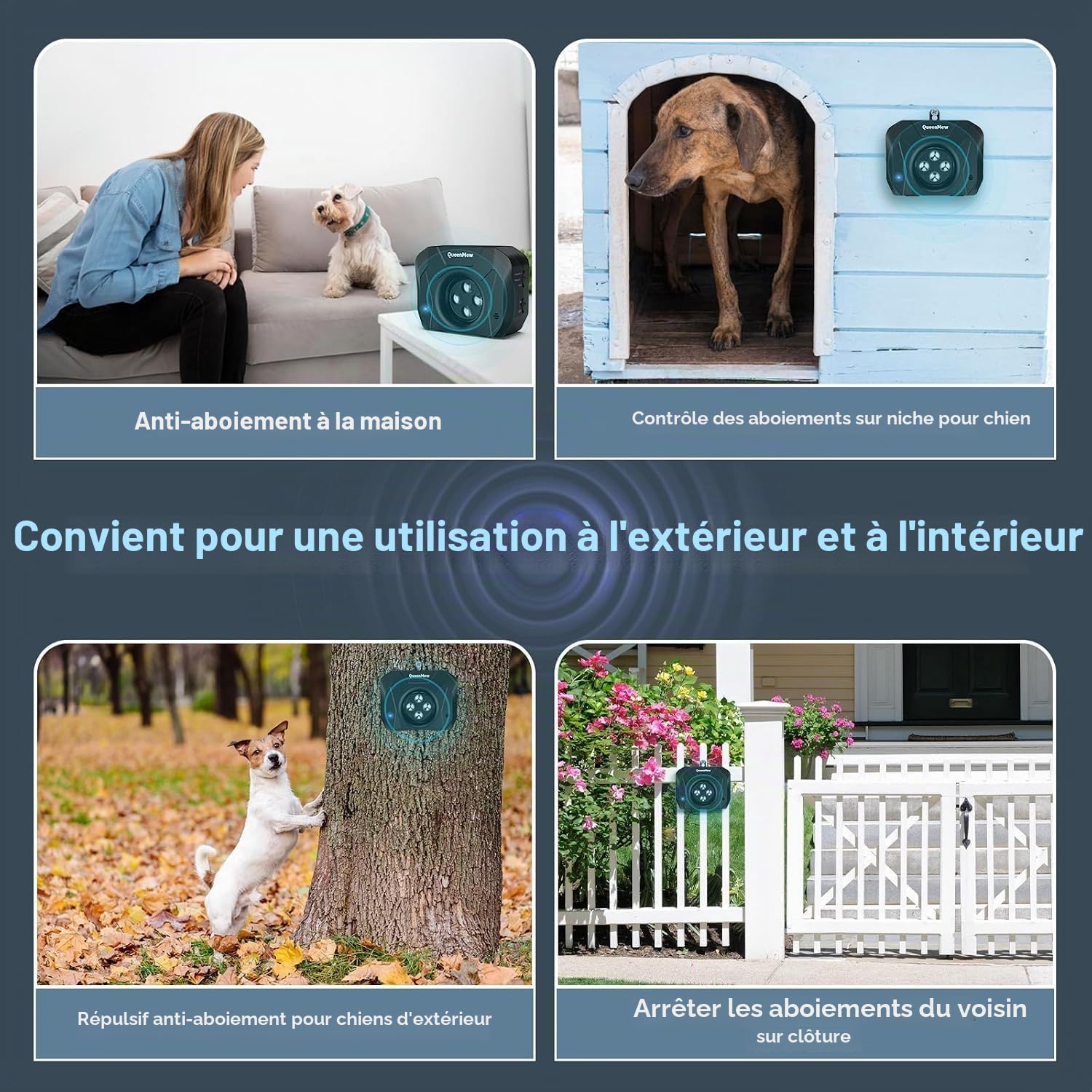 Dispositif Anti Aboiement Chien, 4 Émetteurs des Anti Aboiement Chien Ultrason, Boitier Anti Aboiement Chien de 33 Pieds, Alarme avec 3 Modes de Fréquence Réglables pour Grands et Petits Chiens
