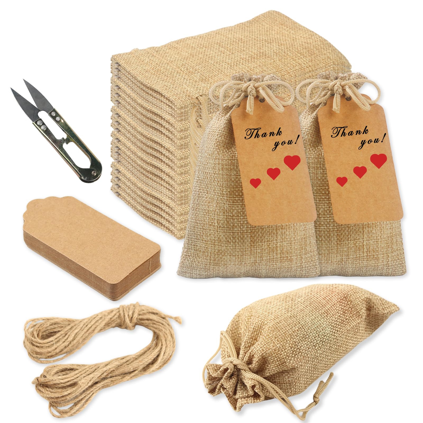 32 Sacchetti Juta Per Bomboniere + Cartellini, Corda E Forbici - 10x15cm, Per Matrimoni, Feste E Compleanni - Ideale Per Regali