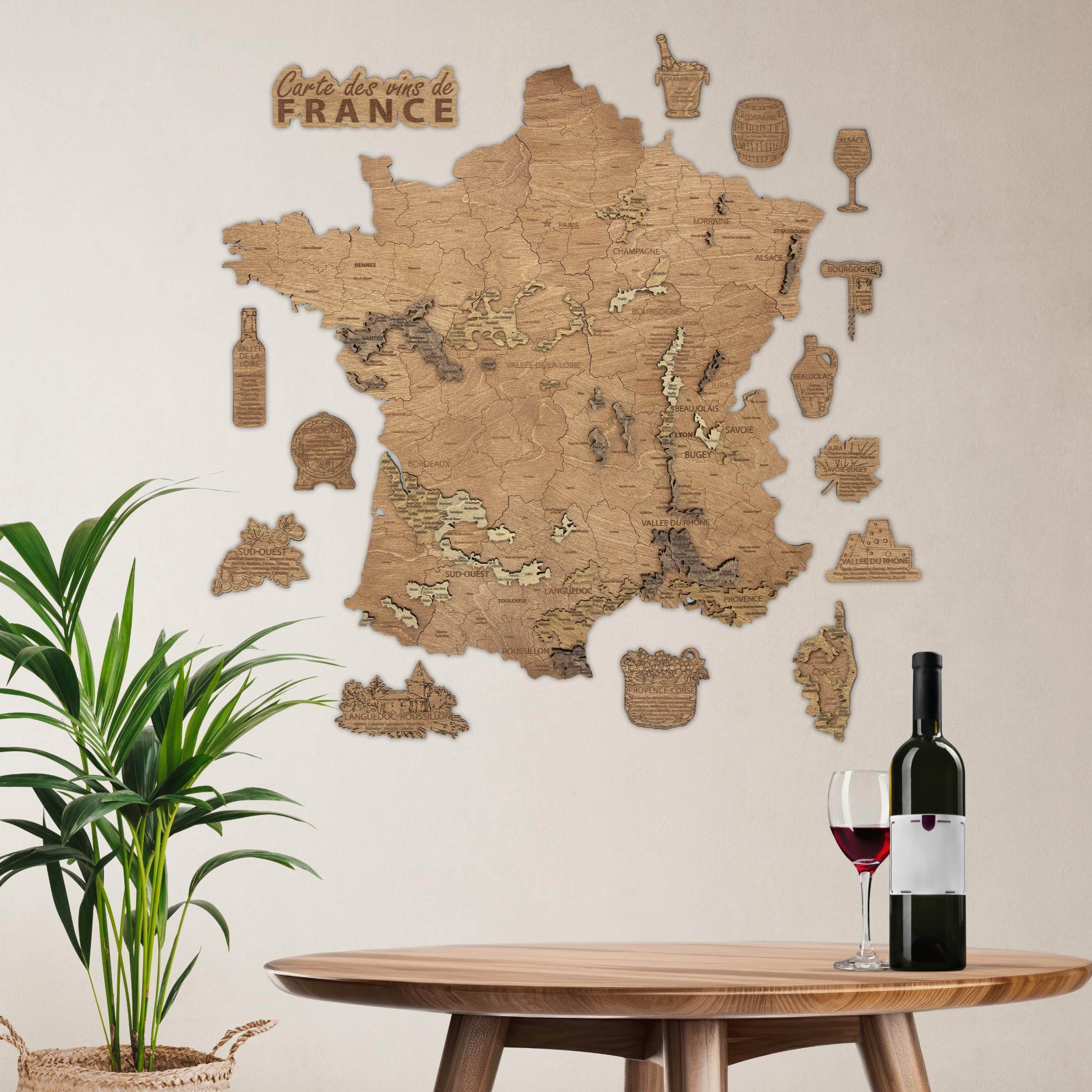 Creatifwood Carte des vins de France et des régions viticoles en bois décoration murale - effet 3D unique