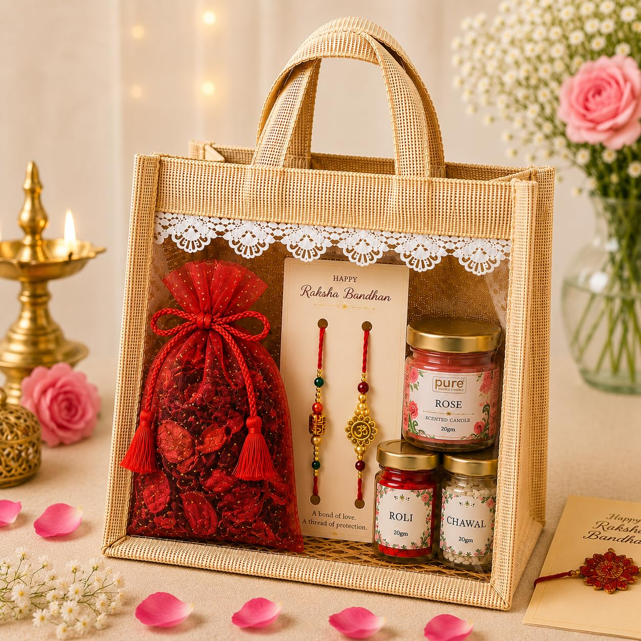 Pure Source India Raksha Bandhan Gift Hamper for Brother | Premium Jute Gift Bag with 2 Designer Rakhi, Rose Scented Candle, Red Potpourri, Roli & Chawal