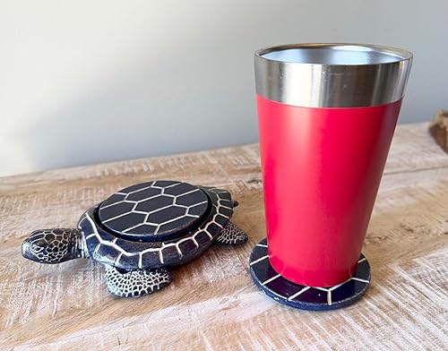 Miniatura 7 de Juego de posavasos de tortuga marina, decoración de playa costera, acabado rústico náutico azul marino y blanco