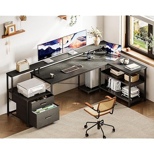 ODK 75" L Shaped Desk with File Drawers, Work from Home Office Desk with Power Outlet, Reversible Computer Desk with Storage Shelves, Gaming Desk with Monitor Shelf, Corner WFM Table, Black