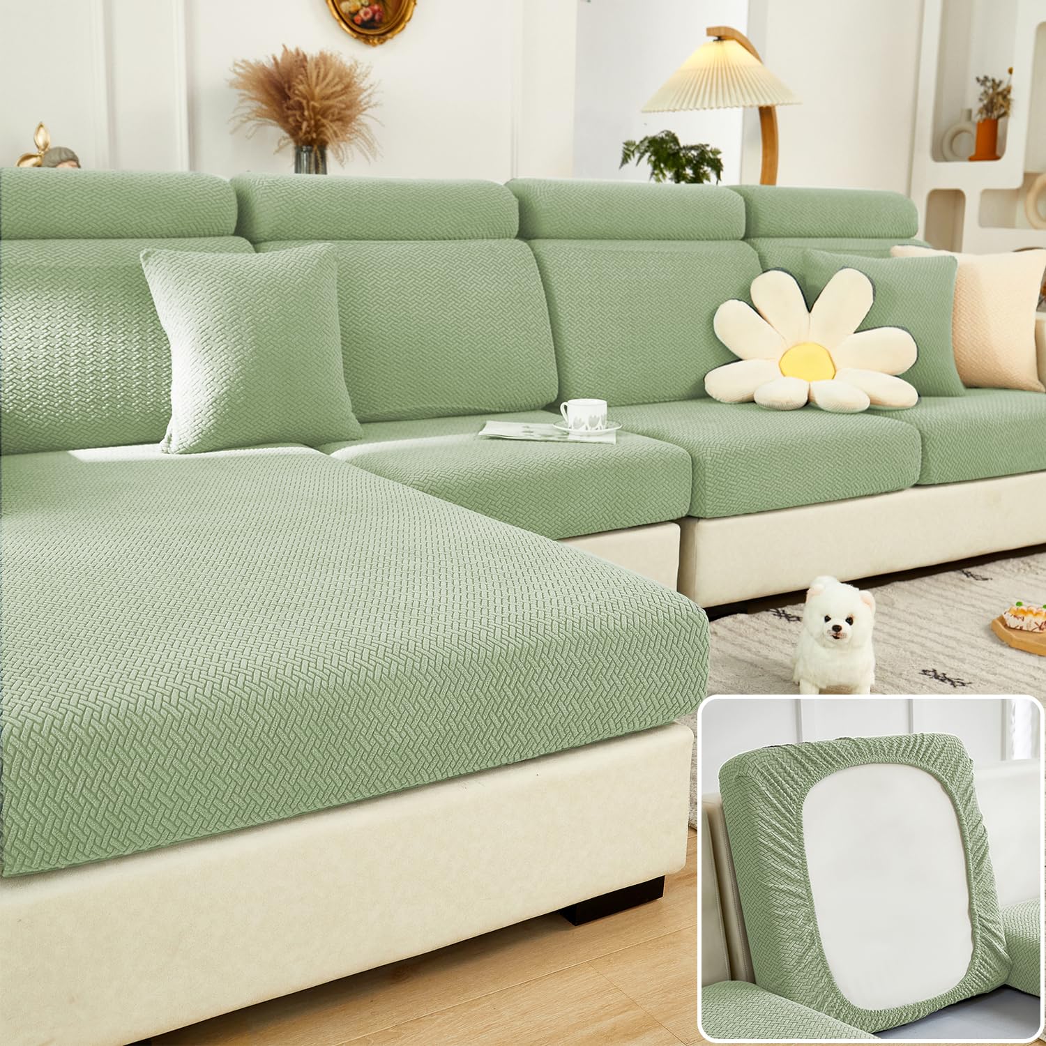 Couch Cushion Covers & Couch Cover for Sectional Sofas, Reversible Non-Slip Sofa Slipcovers, Washable Pet Proof Home Decor Protector (Fruit Green,