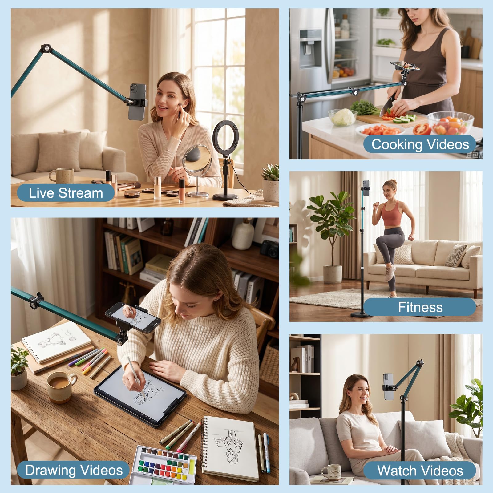 Gugxiom Overhead Stativ Handy, 170cm Handy Ständer für Smartphone, 360° Drehbare Handyhalterung für Kochvideos, Zeichnen, Live-Streaming, Meetings und Videoaufnahmen