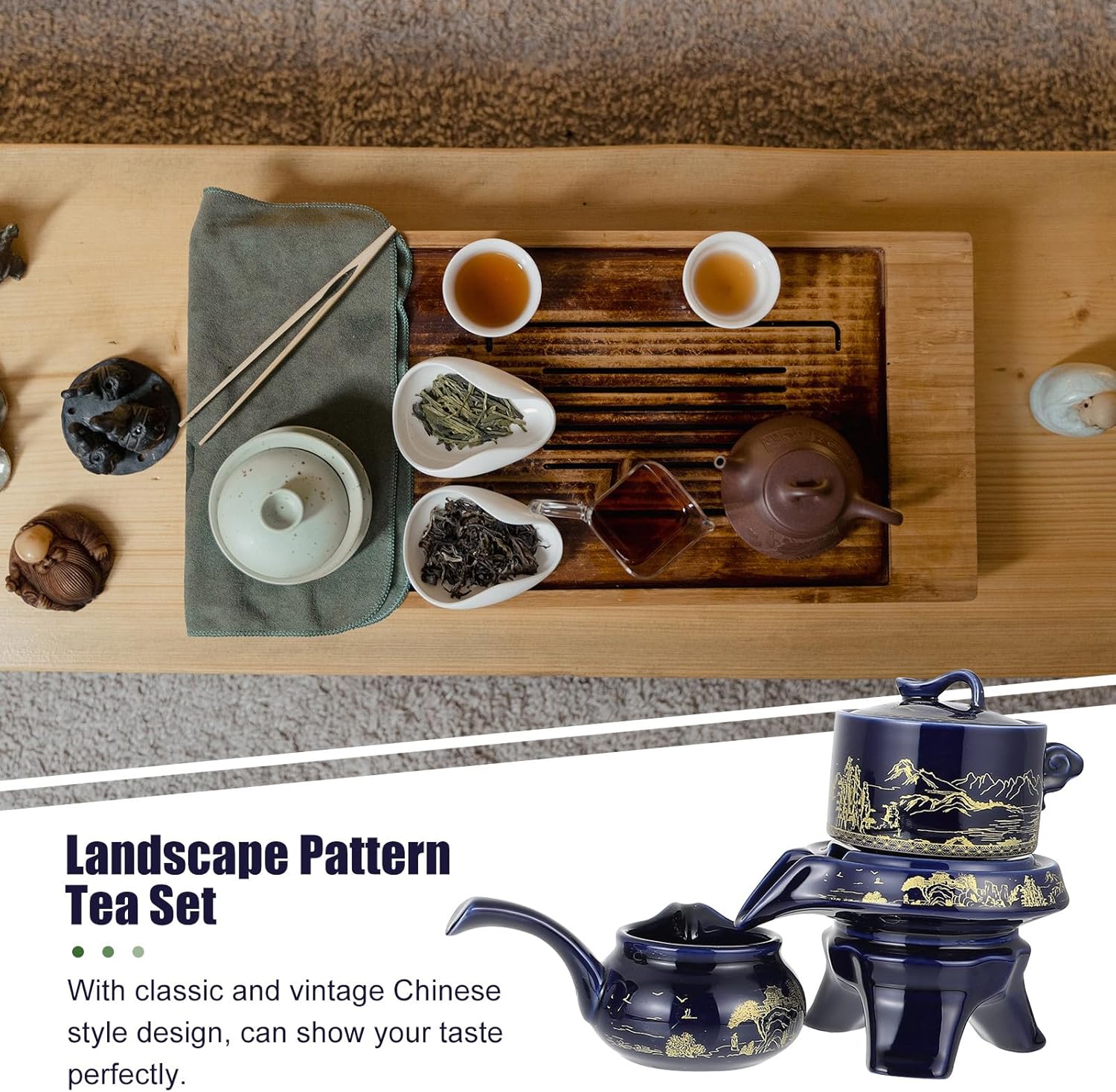 Vintage Chinese Style Tea Set Blue Kung Fu Teapot and Teacup Home and Office Antique Ceramic Tea Service with Mountain Landscape Pattern