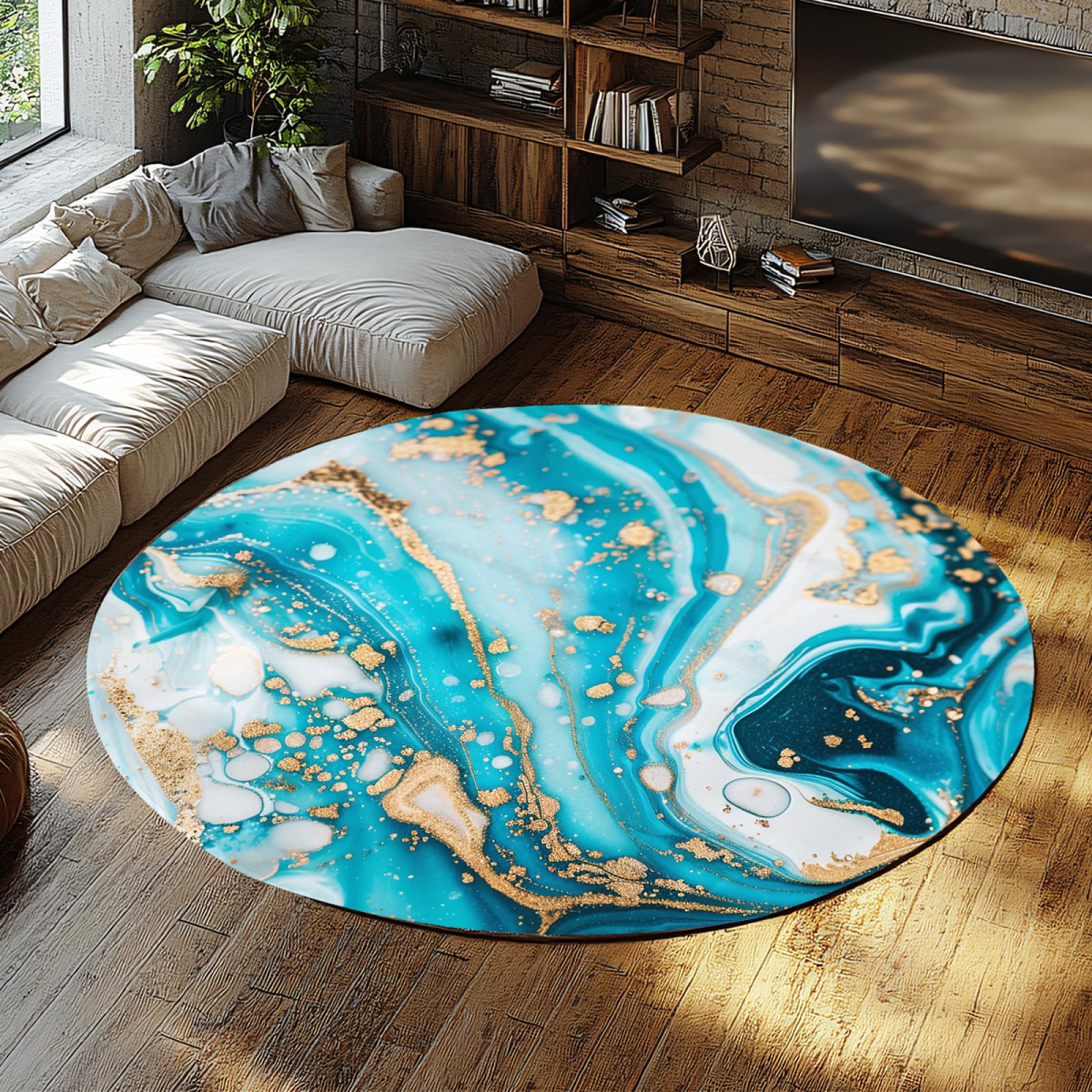 Tapis rond turquoise lavable en machine pour salle à manger