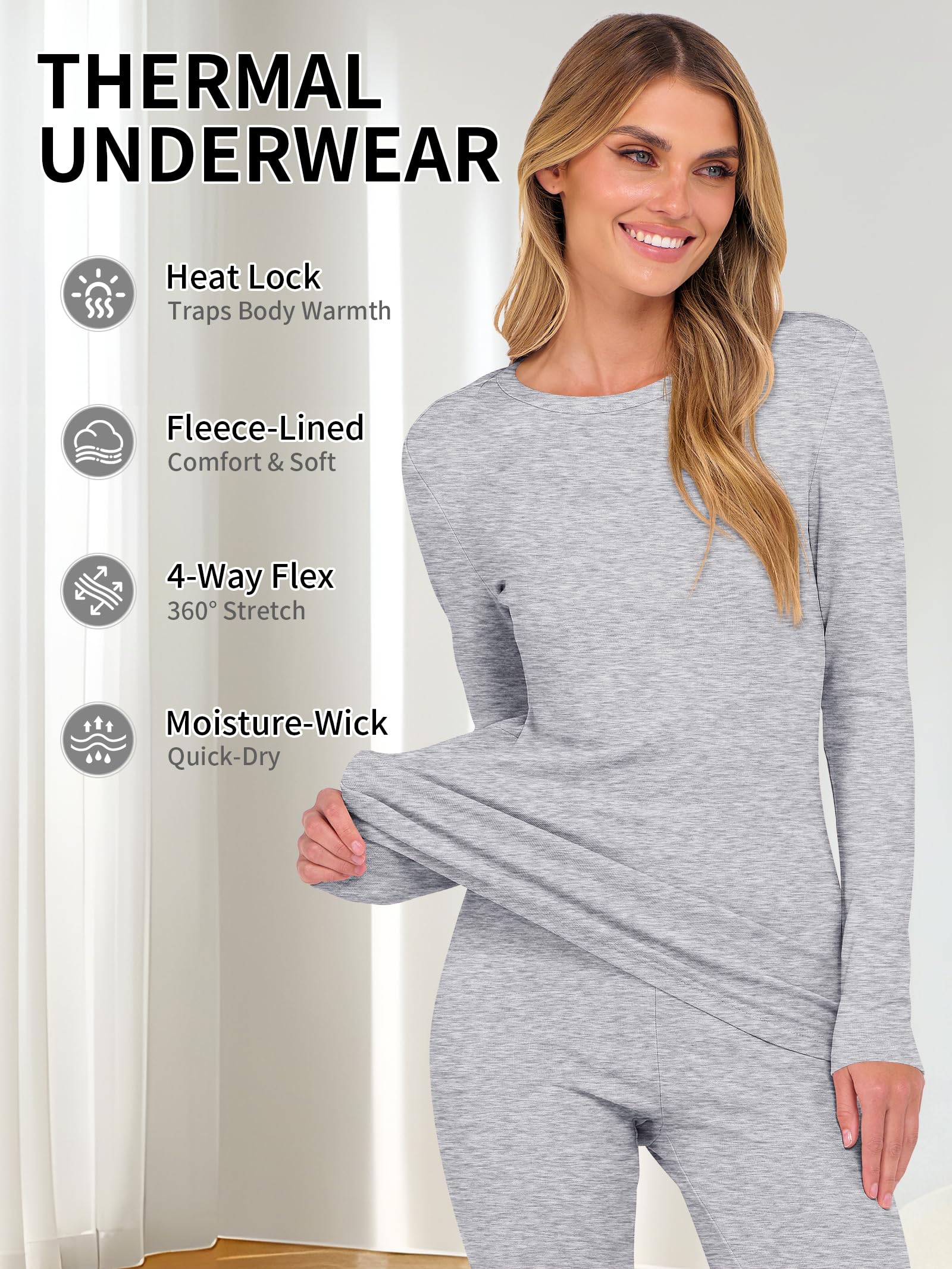 ANRABESS Thermal Underwear for Women Long Johns Fleece Lined Base Layer Pajama Set Cold Weather Top Bottom Winter Clothing Grey Small