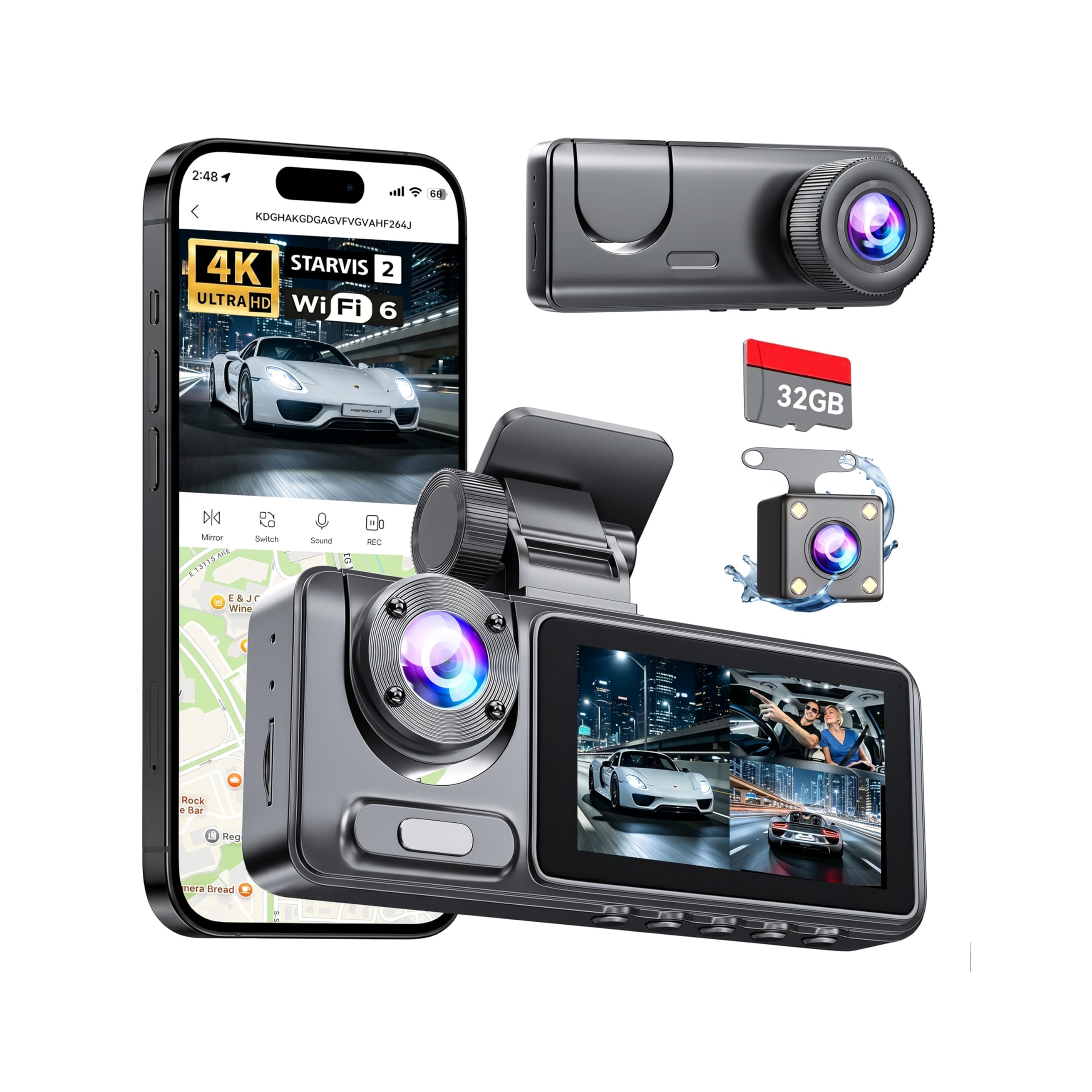 Photo 1 of ?Dash Cam Front Rear with 3 Channel, 4K Full UHD Car Camera, 5GHz WiFi & App Control, Free 32GB Card Included, Dash Camera for Cars with IR Night Vision, 24 Parking Mode, Loop Recording, G-Sensor