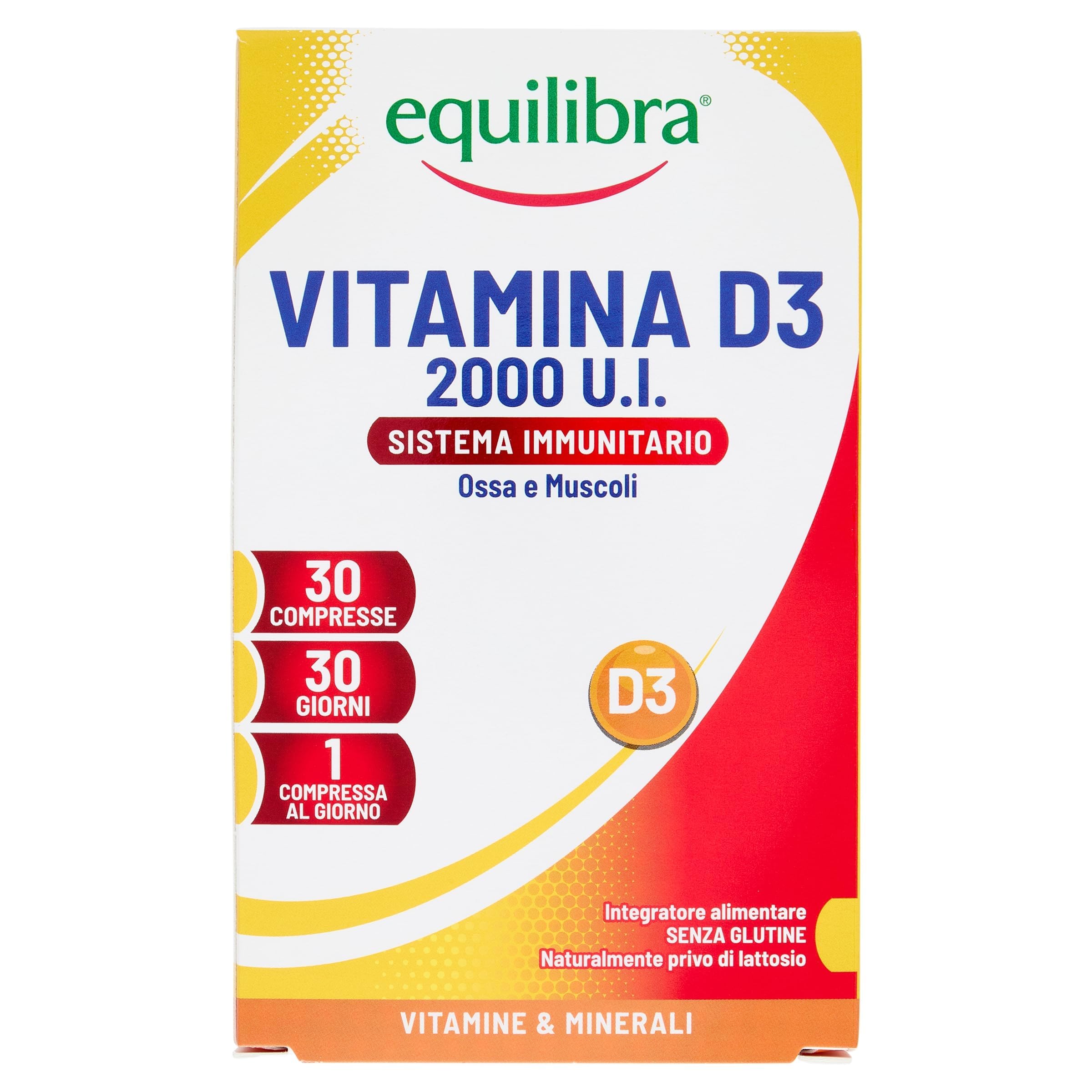 Equilibra Integratori Alimentari, Vitamina D3, Integratore Vitamina D3 per la Normale Funzione del Sistema Immunitario, per il Mantenimento di Ossa Normali, 2000 UI, 30 Compresse Altodosate