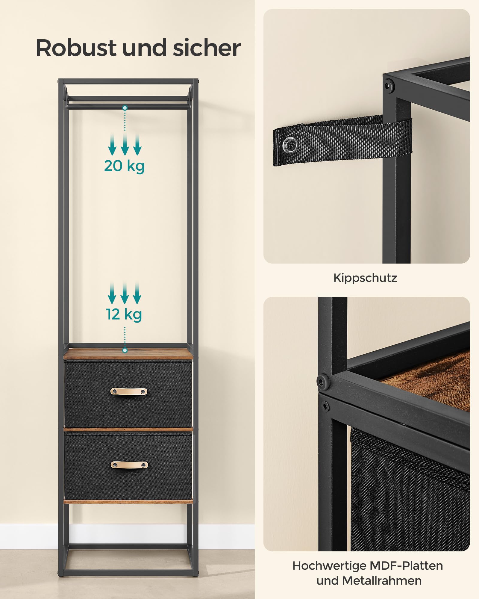 SONGMICS Kleiderständer, offener Kleiderschrank, Garderobenständer hochbelastbar, 1 ausziehbare Stange, 2 Schubladen, 4 Ablagen, für Schlafzimmer, platzsparend, vintagebraun RGR003B01
