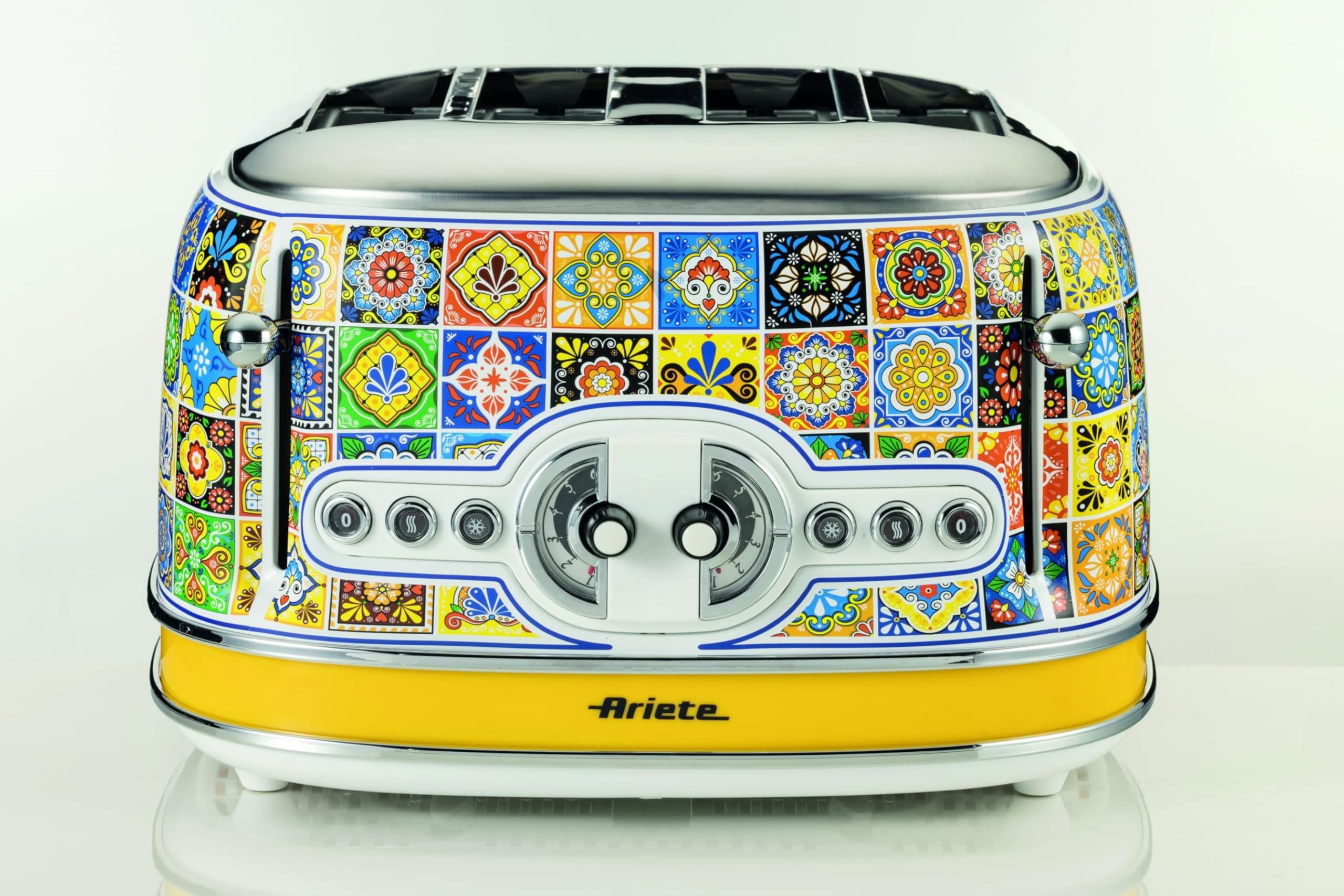 Ariete Toaster 156 Positano, Style Méditerranéen, 4 Fentes, 6 Niveaux de Brunissement avec Ejection Automatique, Bac à Miettes, Fonctions de Grillage, Chauffage et Décongélation, 1630W