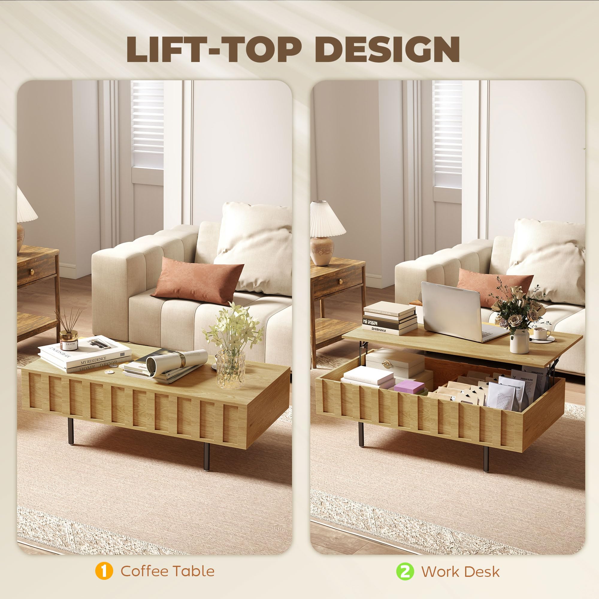 HOMCOM Mesa de Centro Elevable con 2 Compartimentos 110x55x36,5 cm Roble | Mesa de Café para Salón, 2 Compartimentos Ocultos, Patas de Metal, Sala de Estar, Comedor