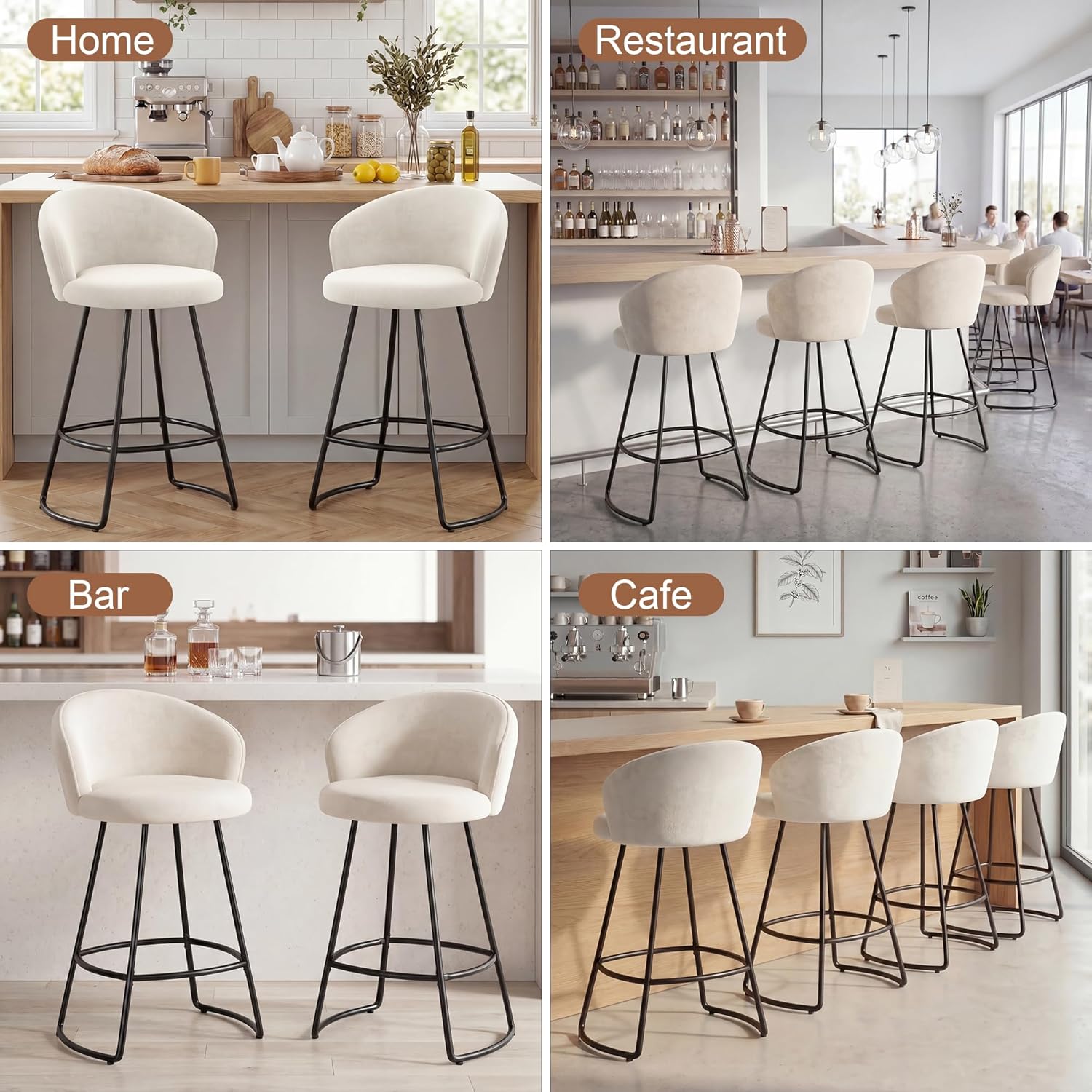 Velvet Bar Stools Set of 2, 30" Upholstered Barstools Modern Bar Stools with Back, Bar Height Bar Chairs with Metal Legs, Footrest, Ivory