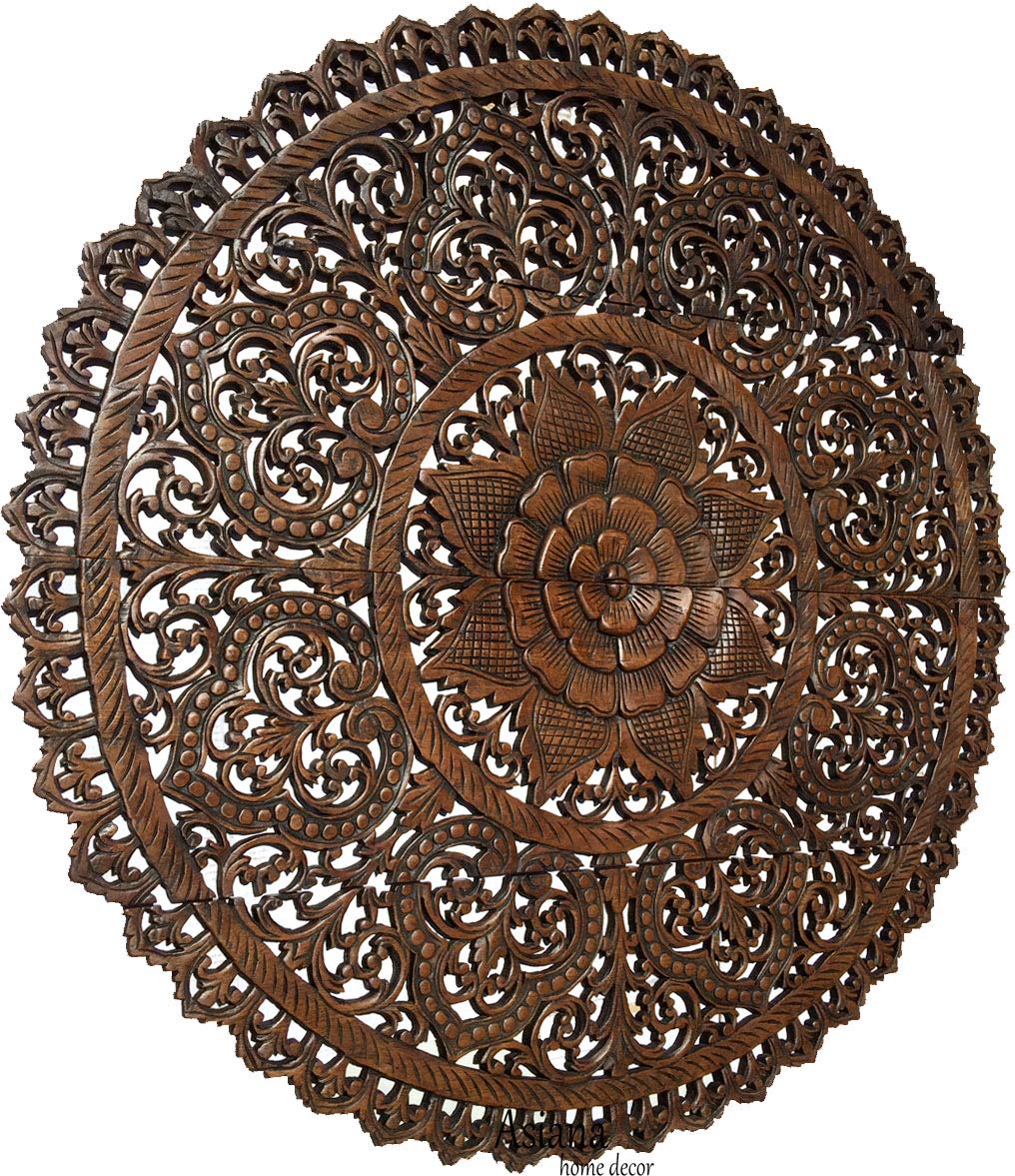 Tropical Bali Wood Carved Wall Art Panels. Large Round Wood Wall Decor
