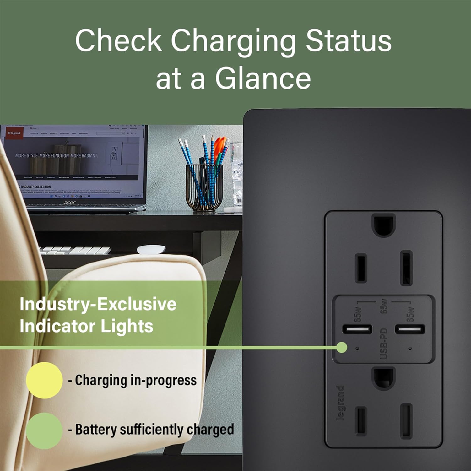 Legrand Radiant 65W USB‑C Outlet, Dual Type‑C Power Delivery, 15A Tamper‑Resistant, LED Charging Status Light, R26USBPD65BK, Black, with Matching Wall Plate