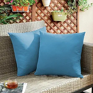 puredown® Outdoor Waterproof Throw Pillows, 22 x 22 Inch Feathers and Down Filled Decorative Square Pillows for Garden Patio Bench, Pack of 2, Blue