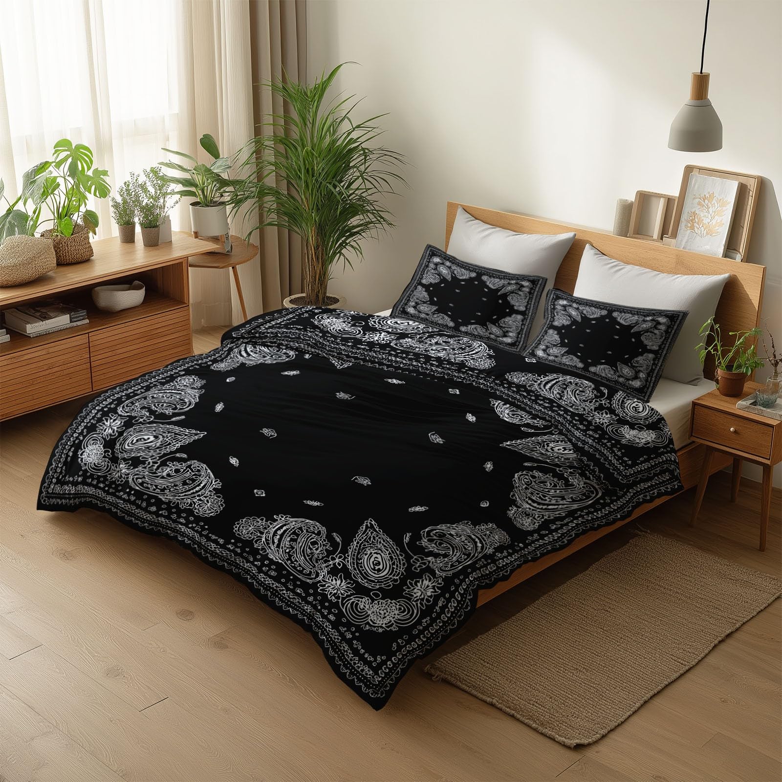Schwarz Bettwäsche-Sets 155 x 220 cm, Paisley-Bordüre Wendebettwäsche Weiche Mikrofaser Allergiker 3 Teilig Bettbezug mit Reißverschluss, Bügelfrei Deckenbezug mit 2 Kissenbezüge 80x80 cm