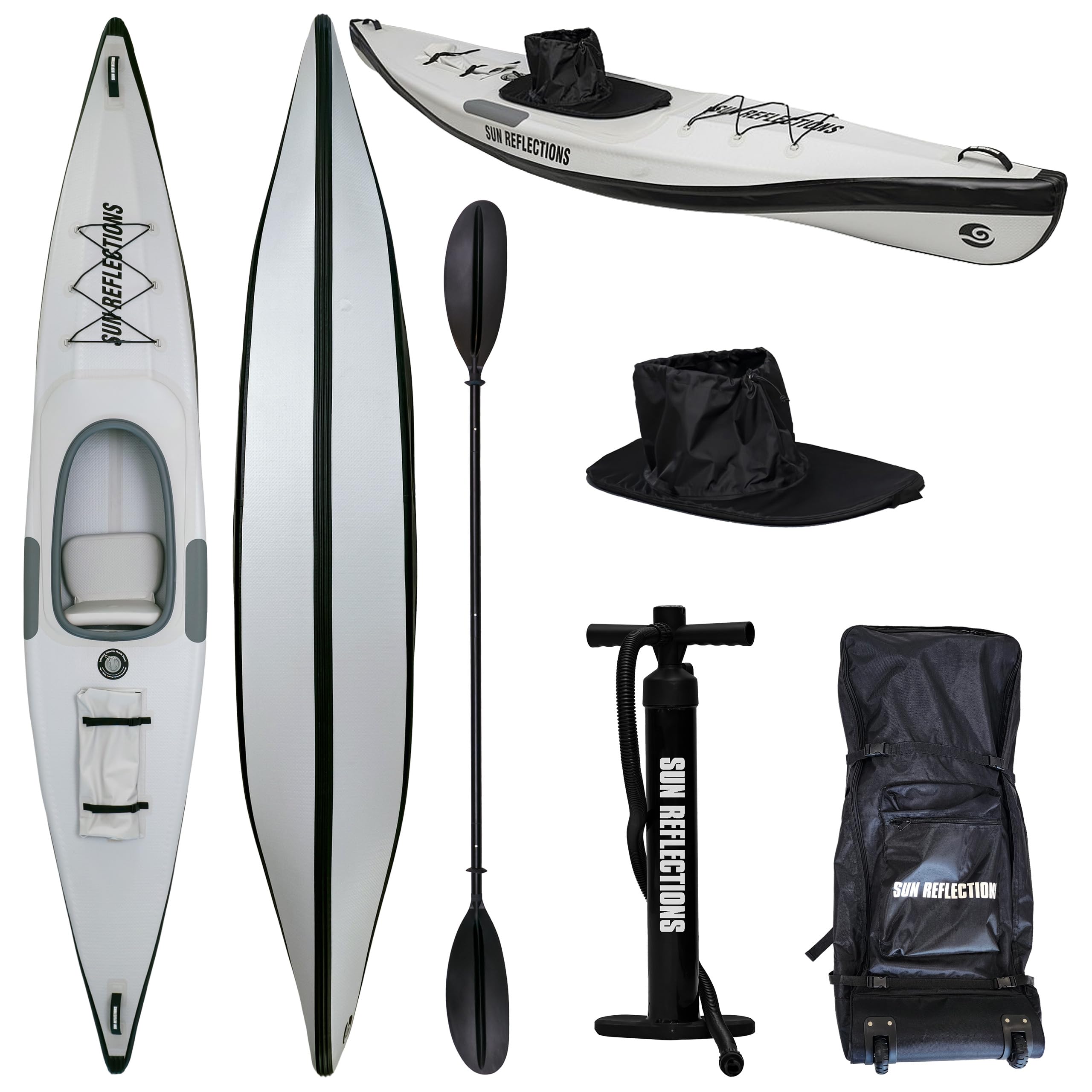 Sun Reflections Full DS Kajak aufblasbar 1 Person, Drop Stitch Touring Kajak mit Sitz und Fußstützen, 397 x 70 cm, bis 120 kg, 15 PSI
