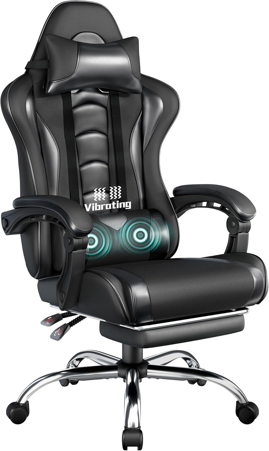 Yaheetech Sedia Gaming Ergonomica Massaggiante Reclinabile con Poggiapiedi Poggiatesta e Supporto Lombare Braccioli Imbottiti in Finta Pelle, Poltrona Gamer da Scrivania con Ruote Girevole Nero