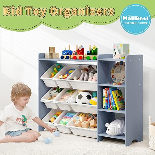 Miniatura 4 de MallBest Estante organizador de almacenamiento de juguetes para niños de 4 niveles, 100% madera maciza, gabinete de almacenamiento para niños con 9