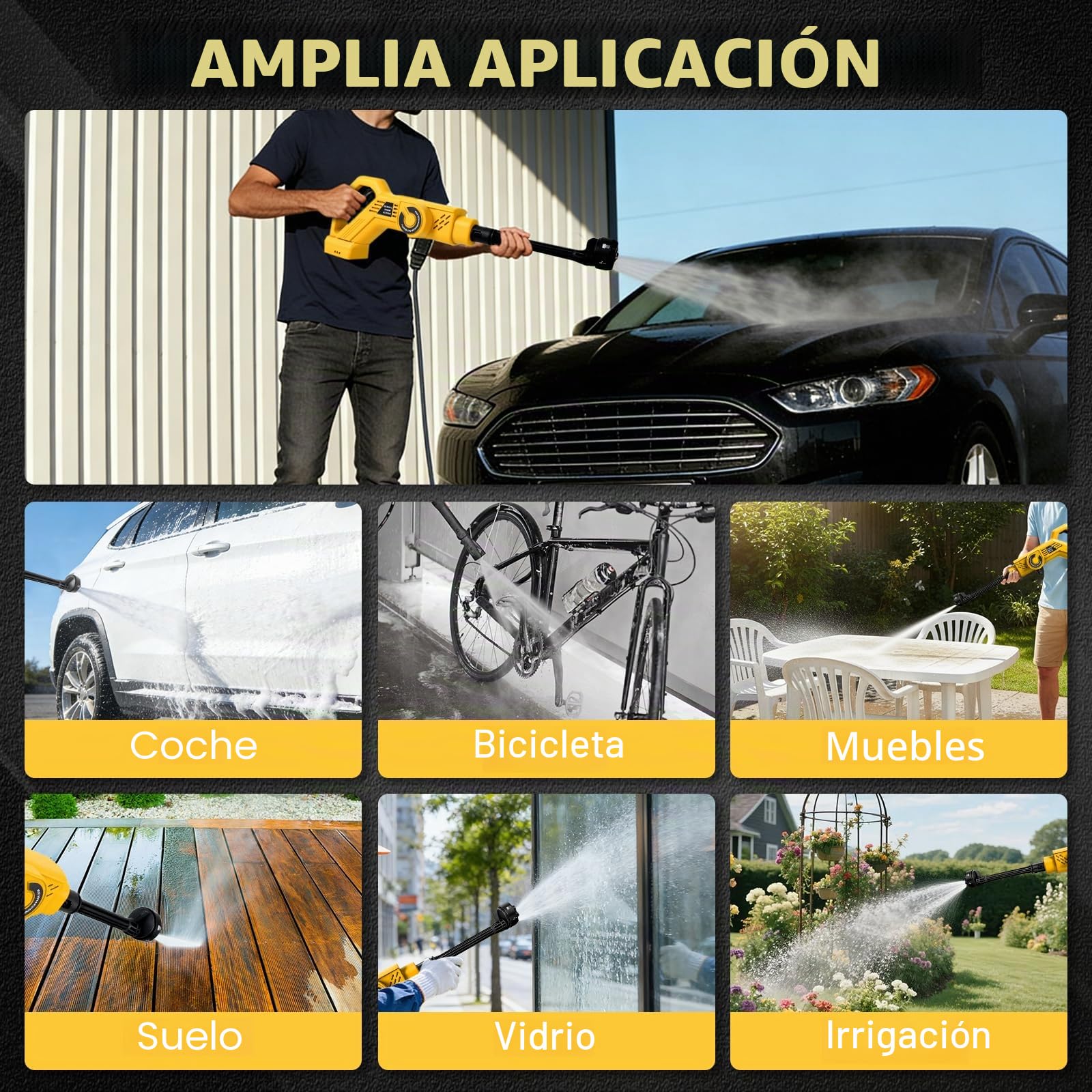 Hidrolimpiadora Portatil Inalámbrica Compatible con Dewalt 20V batería | Pistola de Alta Presión, Boquilla 6 en 1, Limpiadora Multiusos para Coche, Terraza, Jardín, Limpieza y Riego