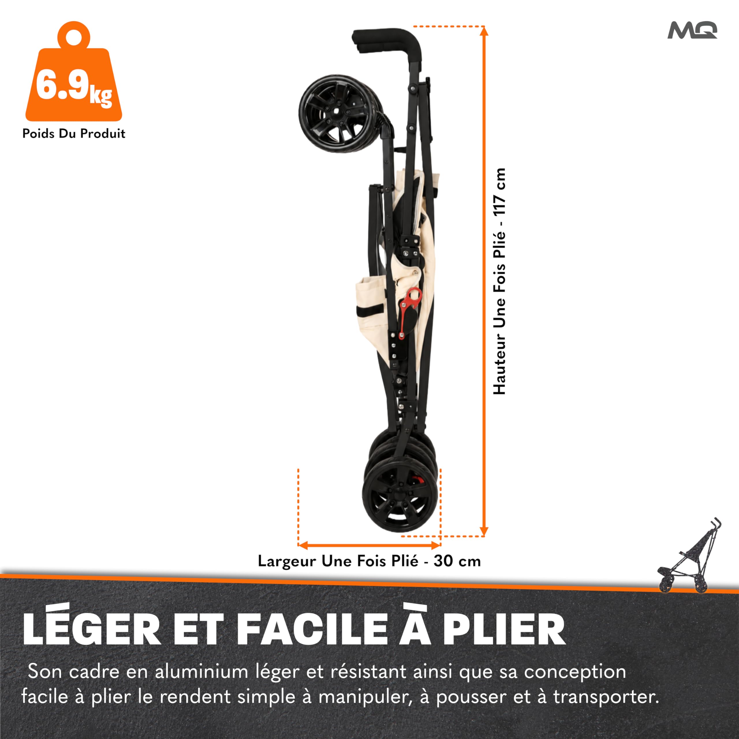 Poussette pour personnes à mobilité réduite MobiQuip XL, Sable - Poussette adaptée aux enfants pesant jusqu'à 50 kg - Châssis pliable en aluminium léger et harnais à 5 points