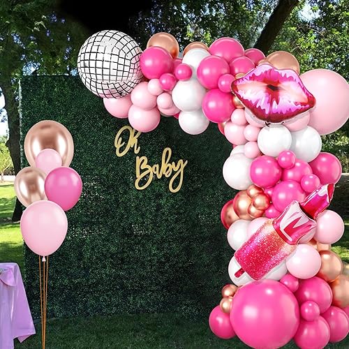 Miniatura 7 de Kit de arco de guirnalda de globos rosados, arco de globos de oro rosa intenso, suministros de fiesta de cumpleaños para niñas con globo de