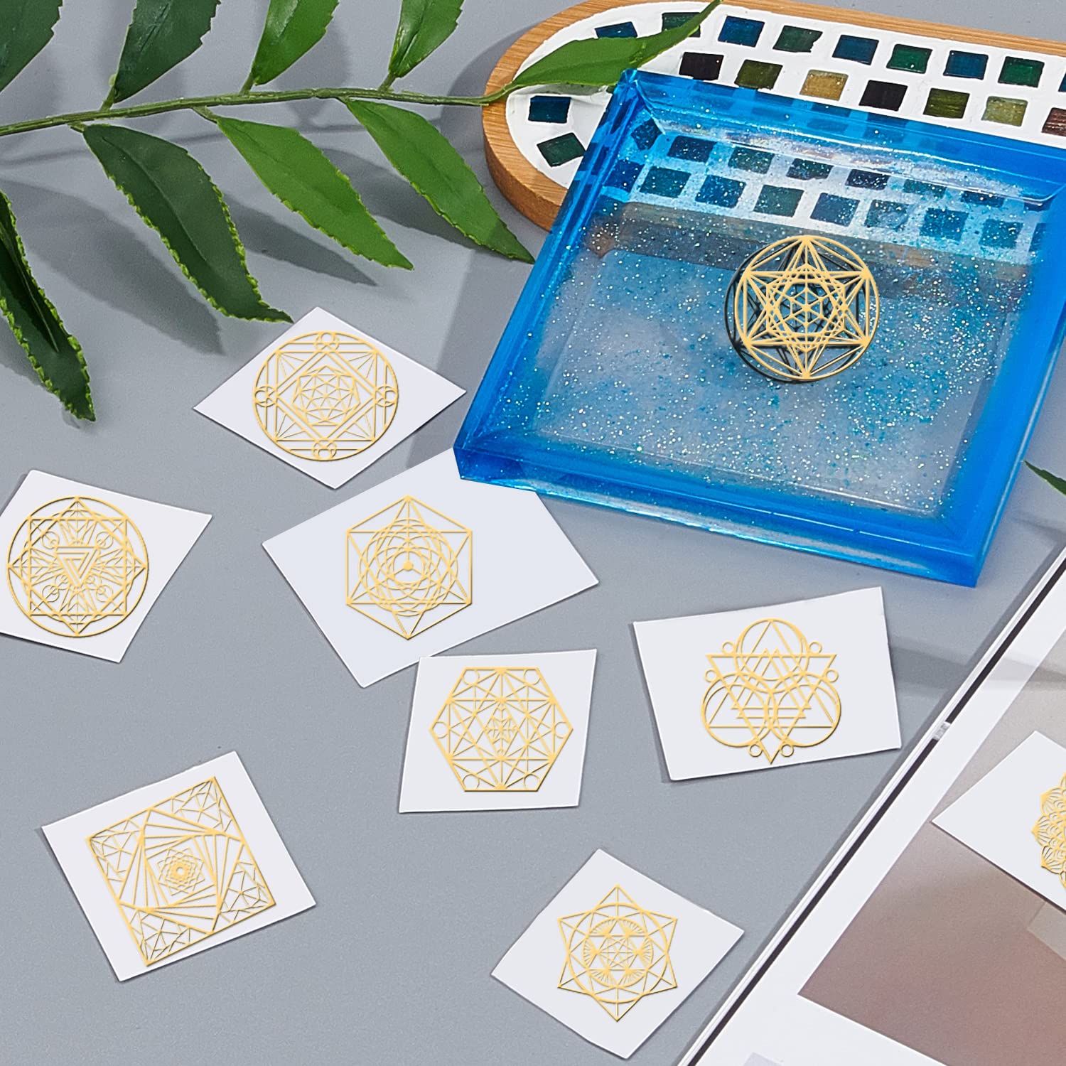 OLYCRAFT 9Pcs Magic Theme Metal Energy Stickers - Orgone Pyramid Golden Stickers For Crafts, Phones, Water Bottles (1.6x1.6 Inch) - View #2