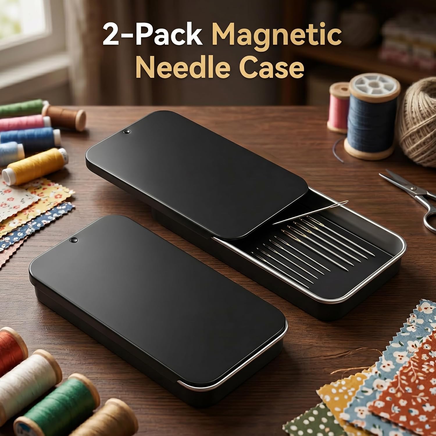 LIGHUFEIC 2 Pack Magnetic Needle Case for Sewing, Slide Top Tinplate Needle Minder with Full Magnet Base, Portable Needle Holder Organizer for Embroidery, Cross Stitch(Black)