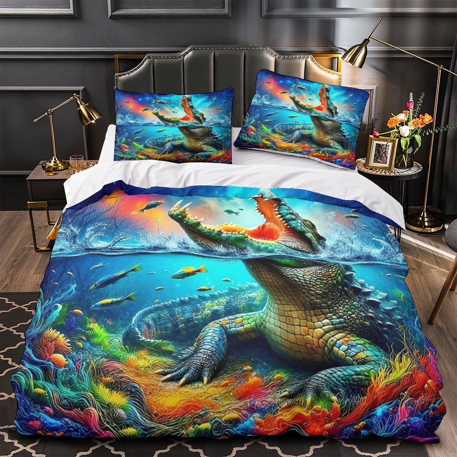 Housse de couette crocodile coloré avec impression 3D cartoon en microfibre respirante