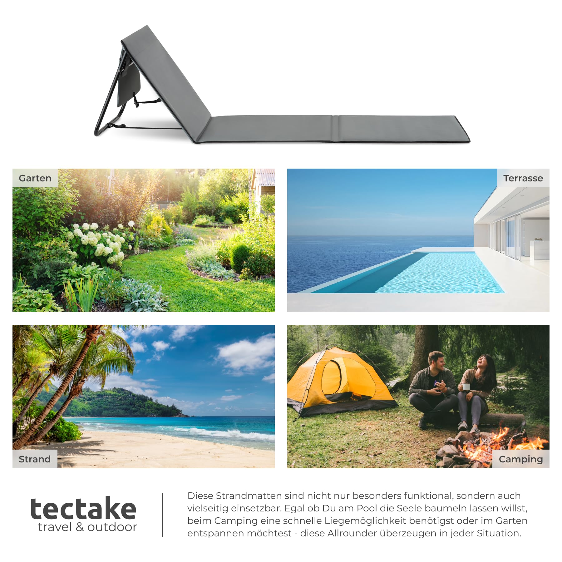 tectake® 2er Set klappbare Strandmatte mit Rückenlehne, Strandliege klappbar leicht, Sonnenliege mit Rückenstütze, Liegestuhl, als Sitzunterlage Outdoor, Beach Liege, Freibad, Garten Zubehör