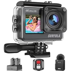Goprocom 【Micrófono Inalámbrico】 Cámara Deportiva 4K 60FPS 24MP WiFi, Surfola SF530 Cámara Acuática 40M con Pantalla Dual, Cámara de Acción para Casco para Montar en Moto, Esquiar y Hacer Snorkel Vlog