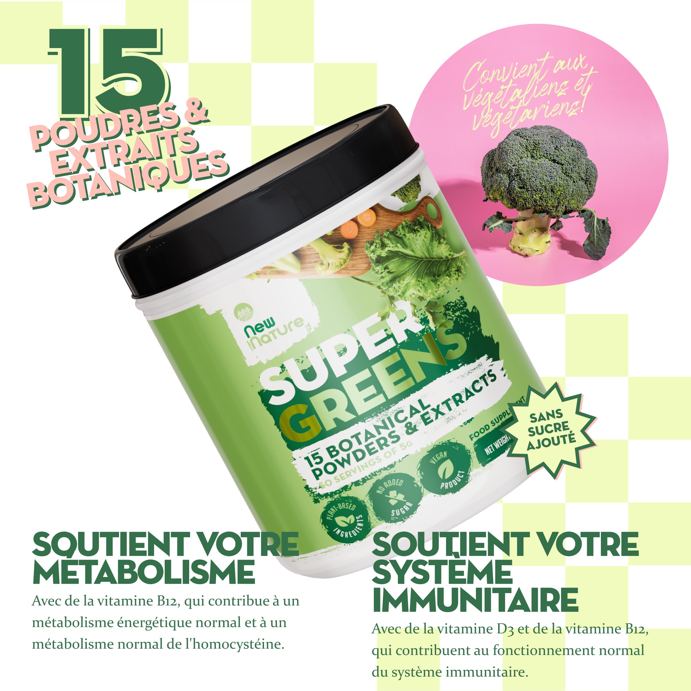 New Nature Super Greens Powder - Mélange de 15 Superaliments, Vegan, 250g | Super greens powder de 15 superaliments : spiruline, chlorelle, chou kale et matcha, plus vitamines D3 et B12 végétales.